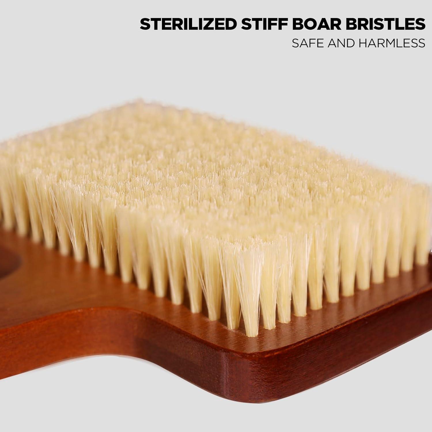 Exfoliation Set-17.71 Inch Boar Bristles Back Scrubber Bath Brush,Shower Brush with No-Slip Curved Handle,Dual-Sided Face Exfoliation Glove
