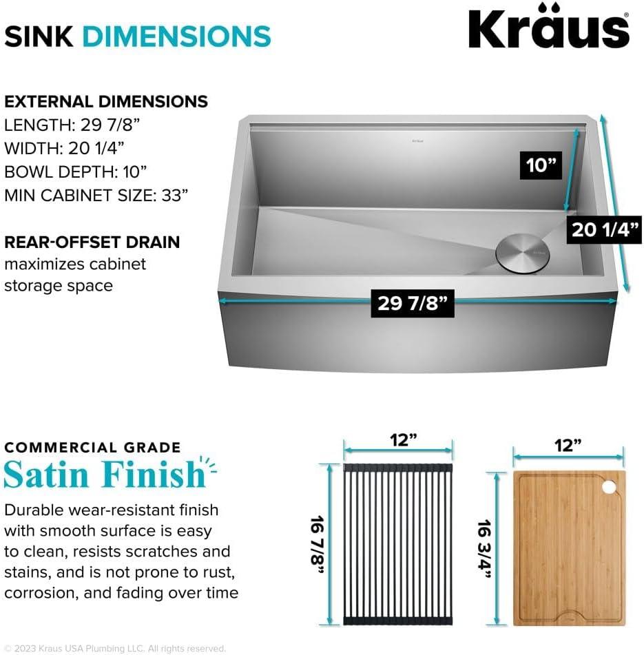 KRAUS Kore™ Workstation 30-inch L 16 Gauge Stainless Steel Single Bowl Farmhouse Kitchen Sink with Accessories