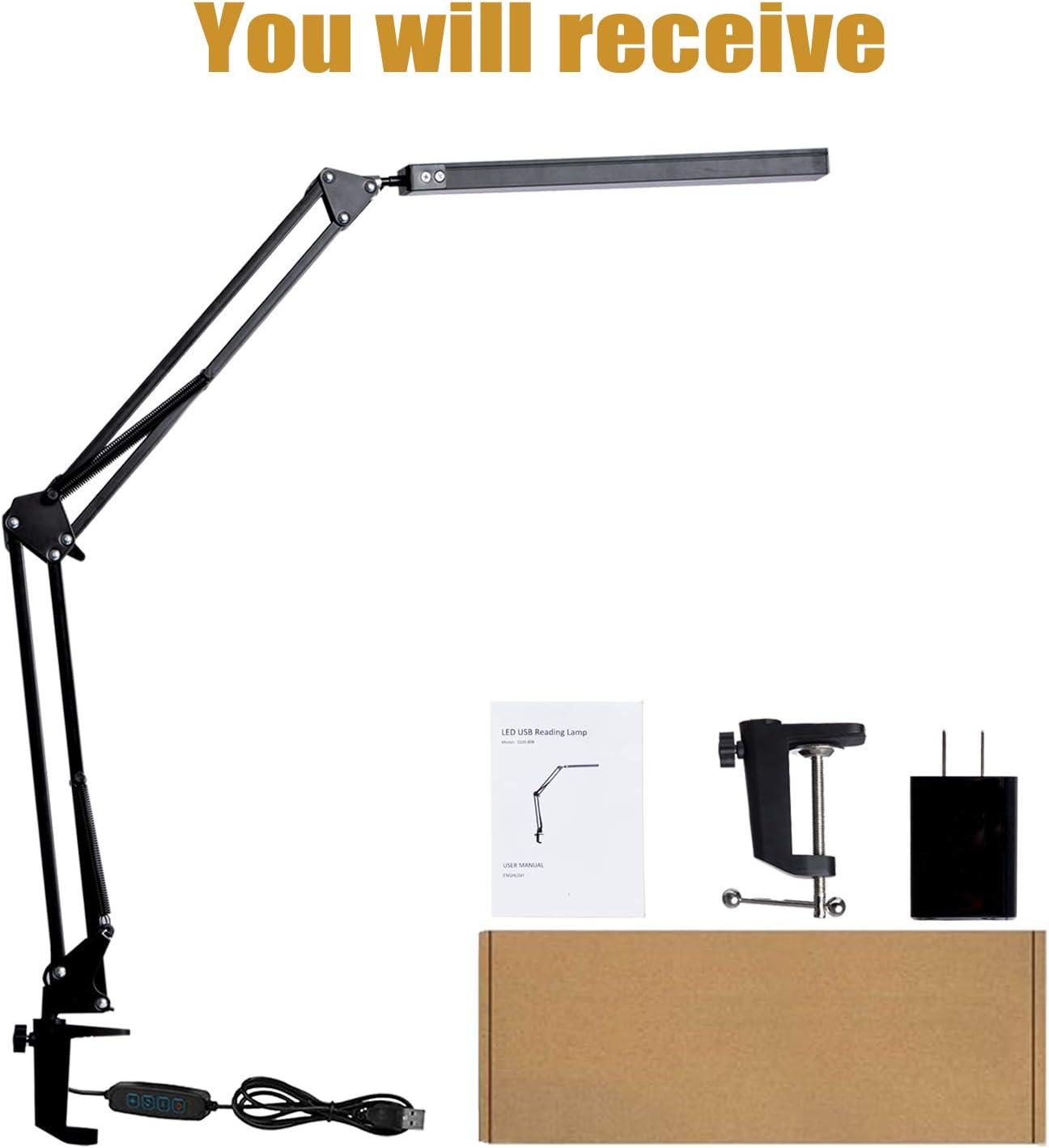 Black Adjustable Clip-on LED Desk Lamp with Metal Swing Arm