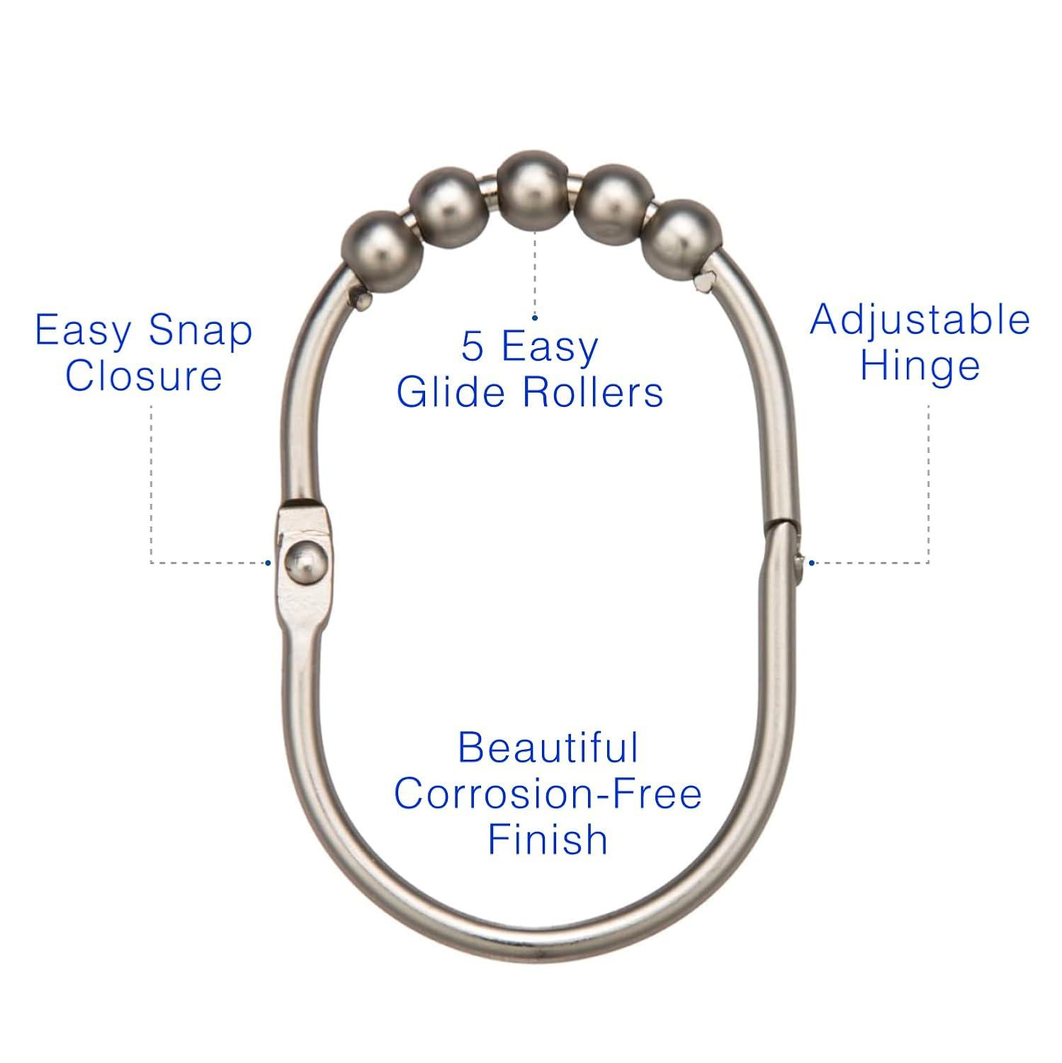 2LB Depot Shower Curtain Rings - Set of 12 - Decorative Brushed Satin Nickel Finish - Easy Glide Rollers - Rustproof Stainless Steel - Shower Curtain Hooks