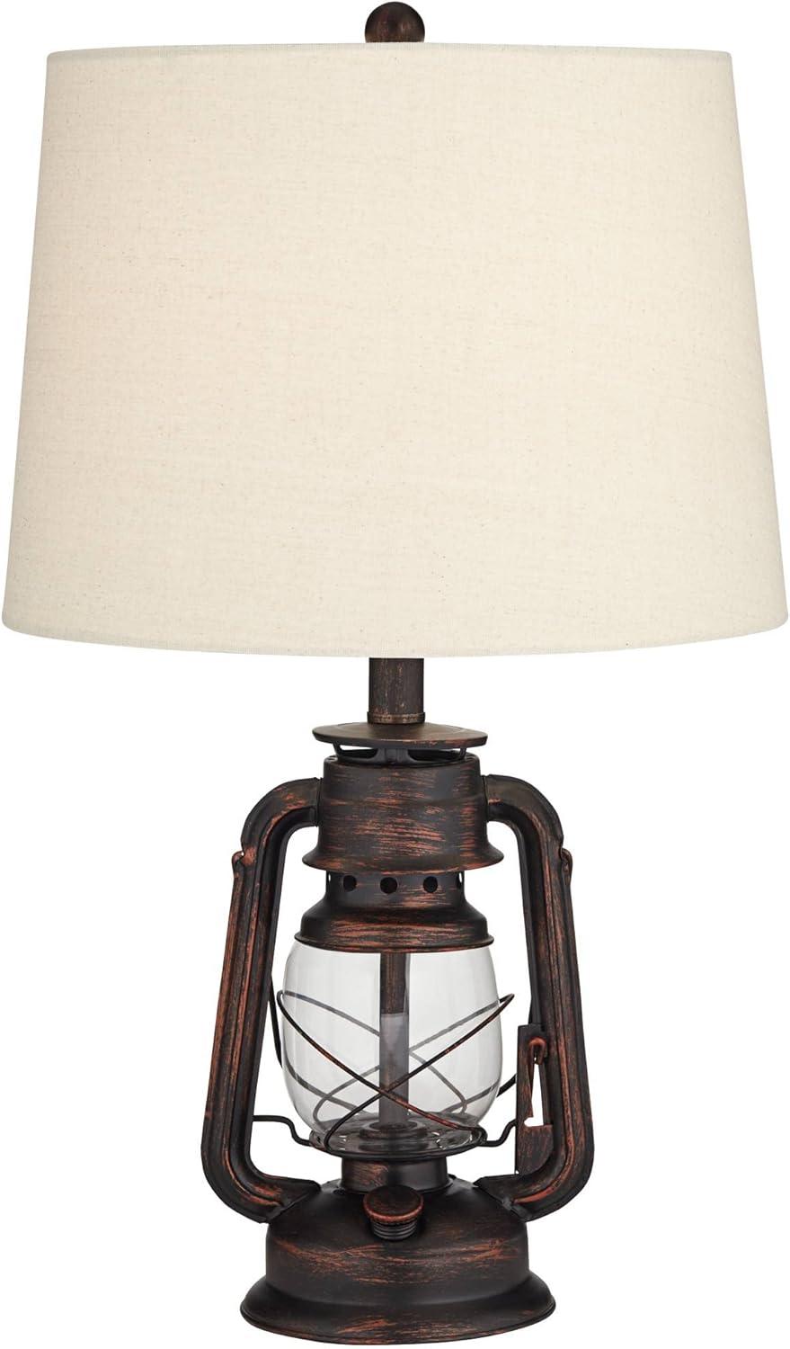 Franklin Iron Works Murphy Rustic Industrial Accent Table Lamp Miner Lantern 23" High Red Bronze Oatmeal Fabric Shade for Bedroom Living Room Office