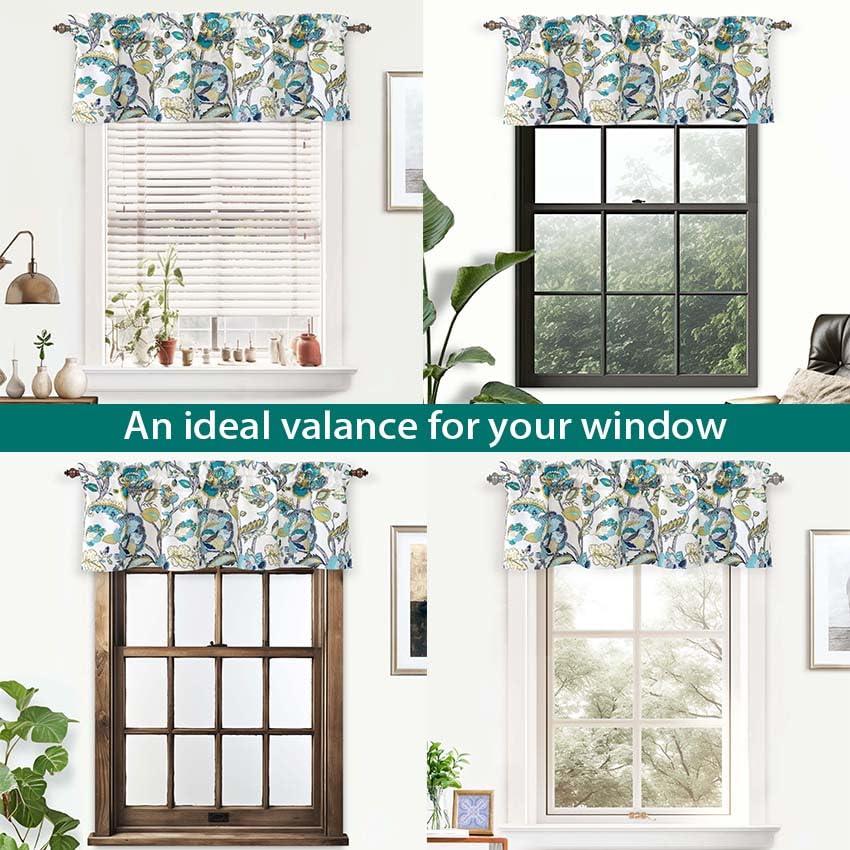 DriftAway  Layla Classic America Style Floral Leaves Room Darkening Window Curtain Valance Rod Pocket Ivory Teal Gray 52" Width X 14 " Length