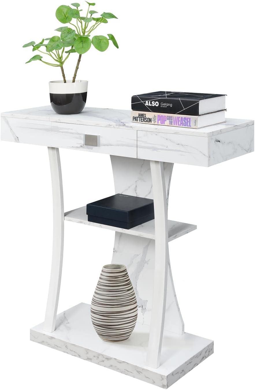 Convenience Concepts Newport 1 Drawer Harri Console Table with Shelves, White Faux Marble/White