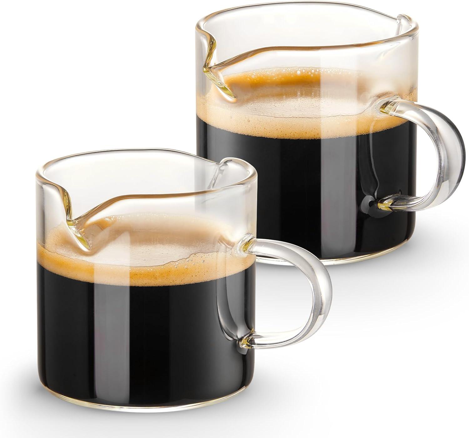 Espresso Cups Set of 2, 4 oz Double Spouts Cup, Espresso Shot Glasses with Handle, V-Shaped Spout Milk Cup, Borosilicate Glass, Mini Clear Glasses for Coffee Bar, Machine Accessories
