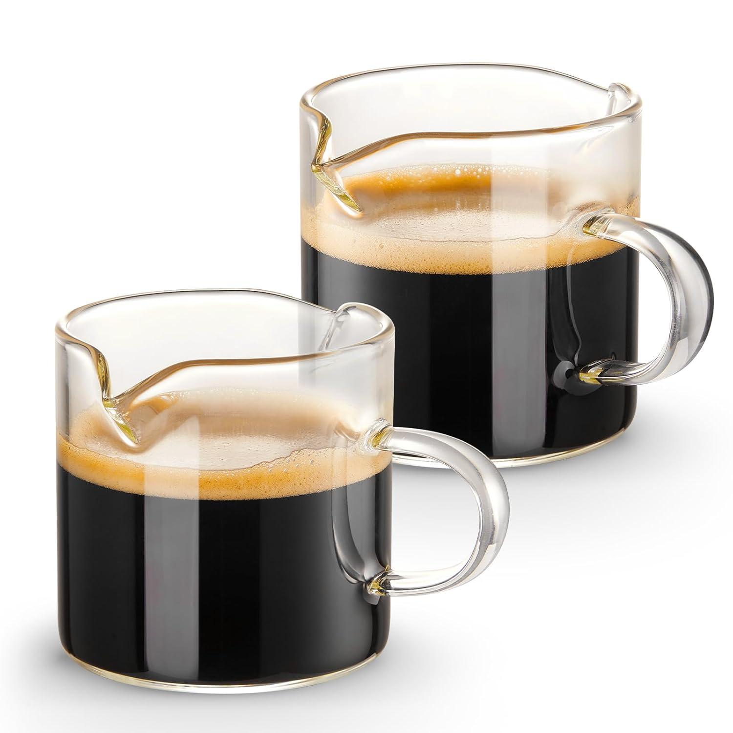 Espresso Cups Set of 2, 4 oz Double Spouts Cup, Espresso Shot Glasses with Handle, V-Shaped Spout Milk Cup, Borosilicate Glass, Mini Clear Glasses for Coffee Bar, Machine Accessories