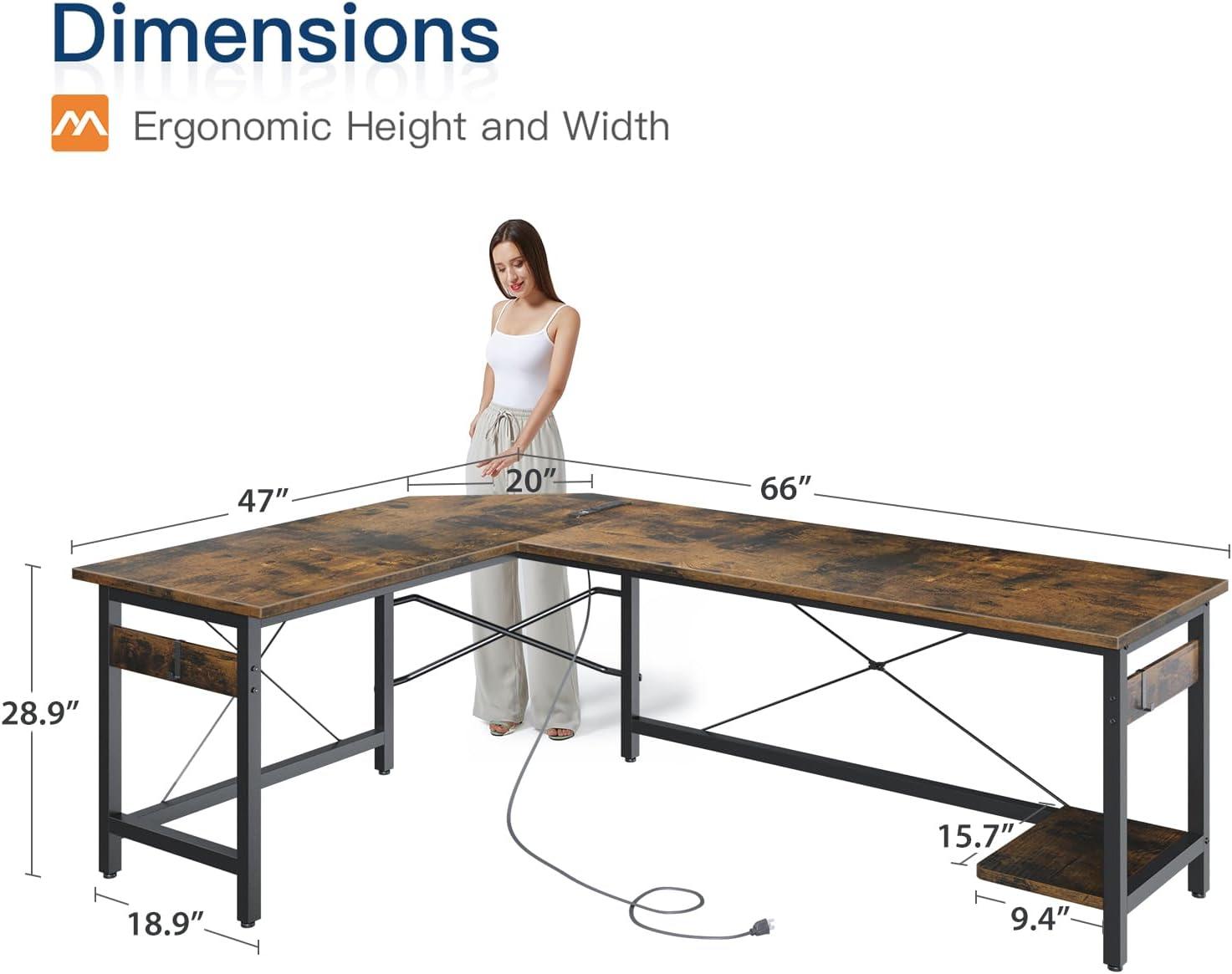 Vintage L-Shaped Wood and Metal Gaming Desk with Power Outlet