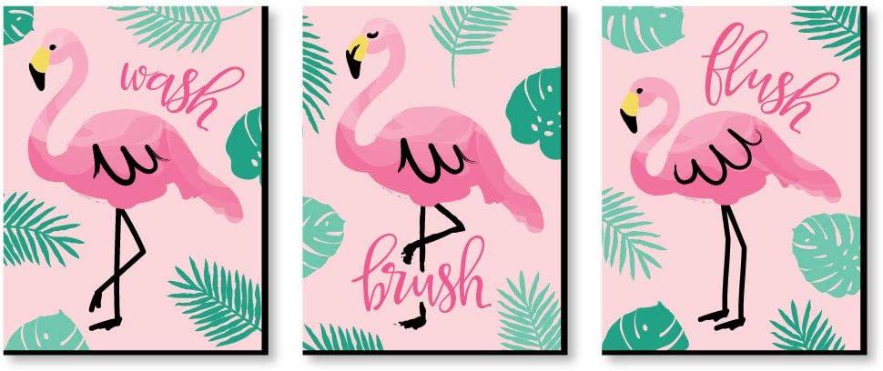 Big Dot of Happiness Pink Flamingo - Kids Bathroom Rules Wall Art - 7.5 x 10 inches - Set of 3 Signs - Wash, Brush, Flush
