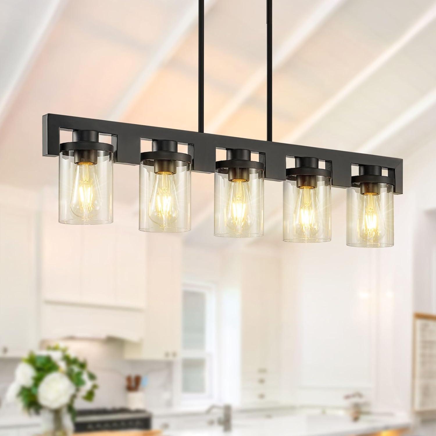 Modern Black Glass 5-Light Kitchen Island Pendant