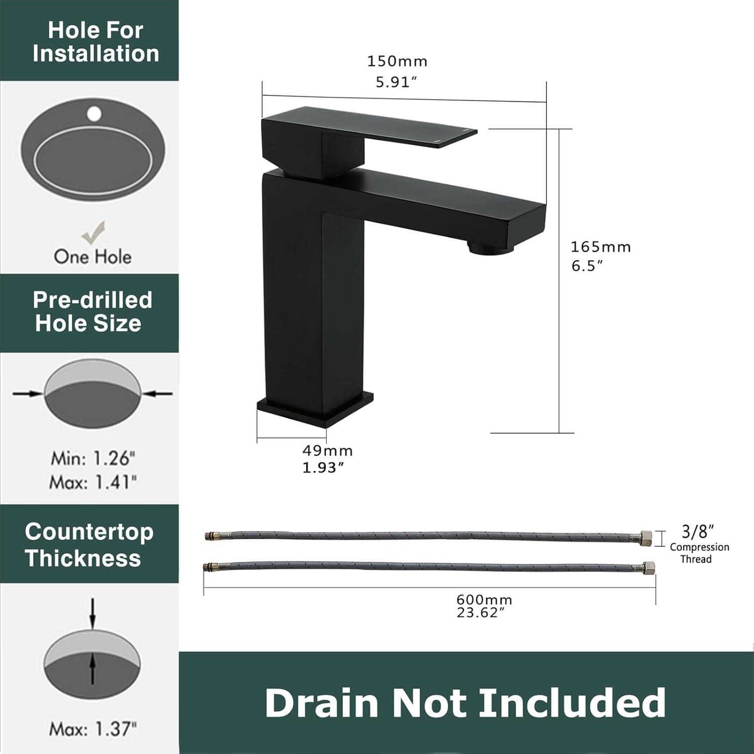 Matte Black Single Handle Bathroom Sink Faucet, Stainless Steel Bathroom Faucet with cUPC Certified Water Supply Hoses, Commercial Vanity Faucet Modern Single Hole RV Bathroom Faucets
