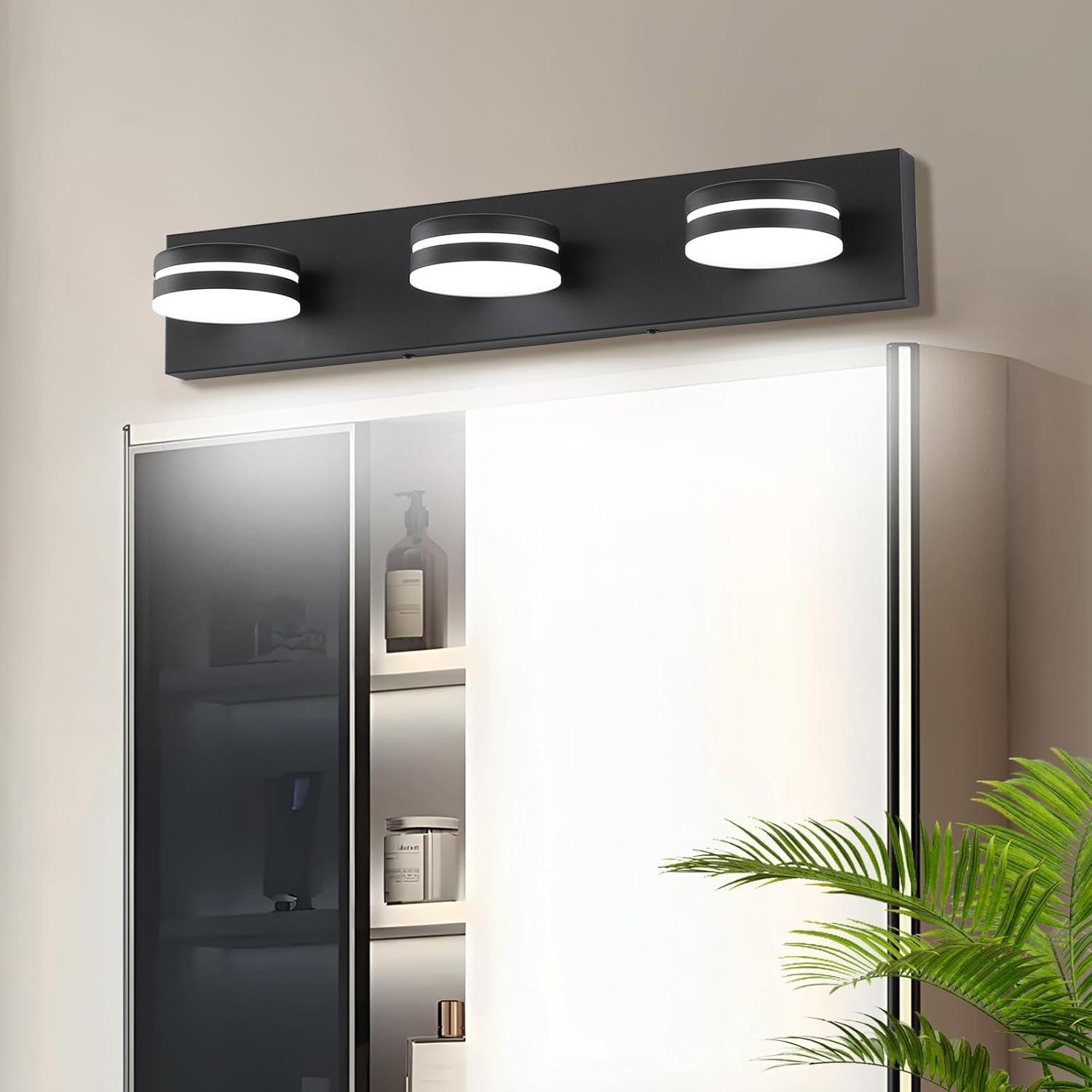 3-Light Bathroom Vanity Light Over Mirror, (24inch Dimmable) Matte Black LED Vanity Lighting Fixtures, Modern Bathroom Wall Light Fixtures with 360°Rotating Lamp Head (Cool White 5500K)