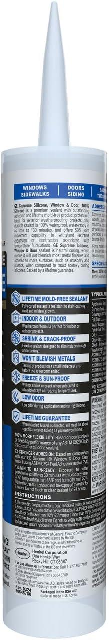 GE Supreme Silicone Window & Door Sealant, Pack of 1, Clear 10.1 fl oz Cartridge