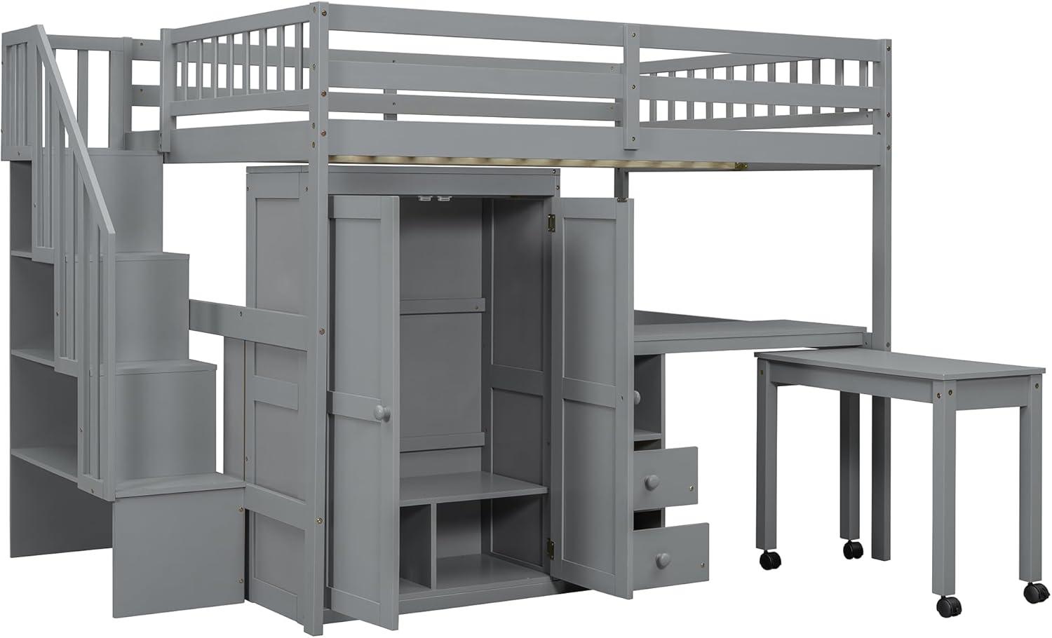 Harper & Bright Designs Full Size Loft Bed with Desk, Wood Full Loft Bed with Stairs, Bookshelf, Drawers & Wardrobe – Space-Saving Multifunctional Furniture, Gray