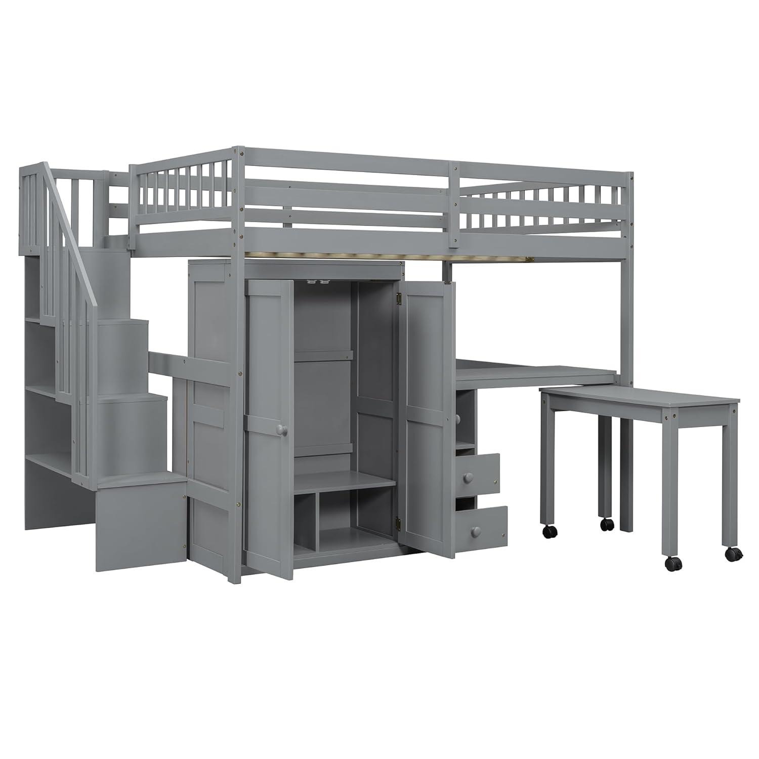 Harper & Bright Designs Full Size Loft Bed with Desk, Wood Full Loft Bed with Stairs, Bookshelf, Drawers & Wardrobe – Space-Saving Multifunctional Furniture, Gray