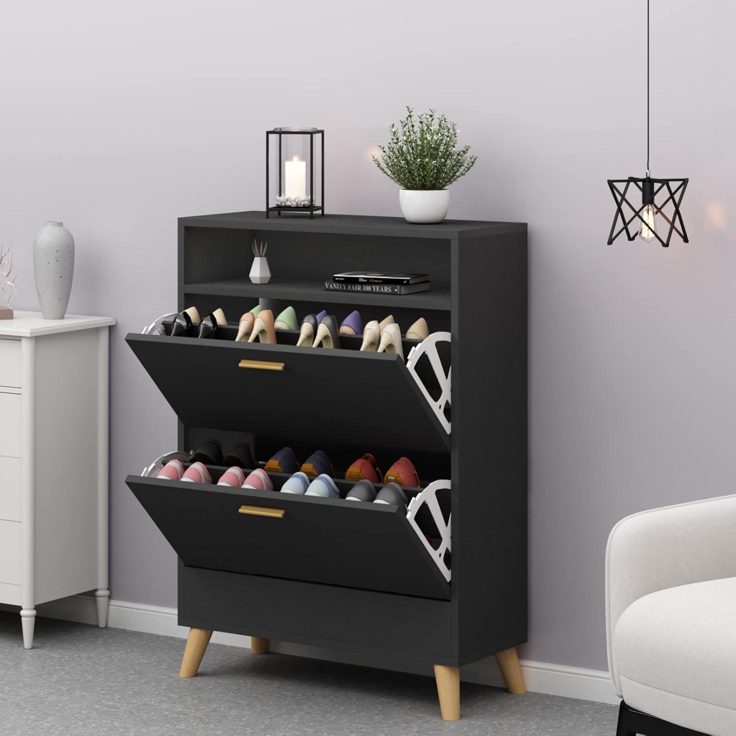 Shoe Storage Cabinets, 16 Pairs Free Standing Shoe Organizer with 2 Flip Drawers for Entryway, Narrow 3 Tier Entryway Hidden Shoe Rack with Doors (Dark Black)