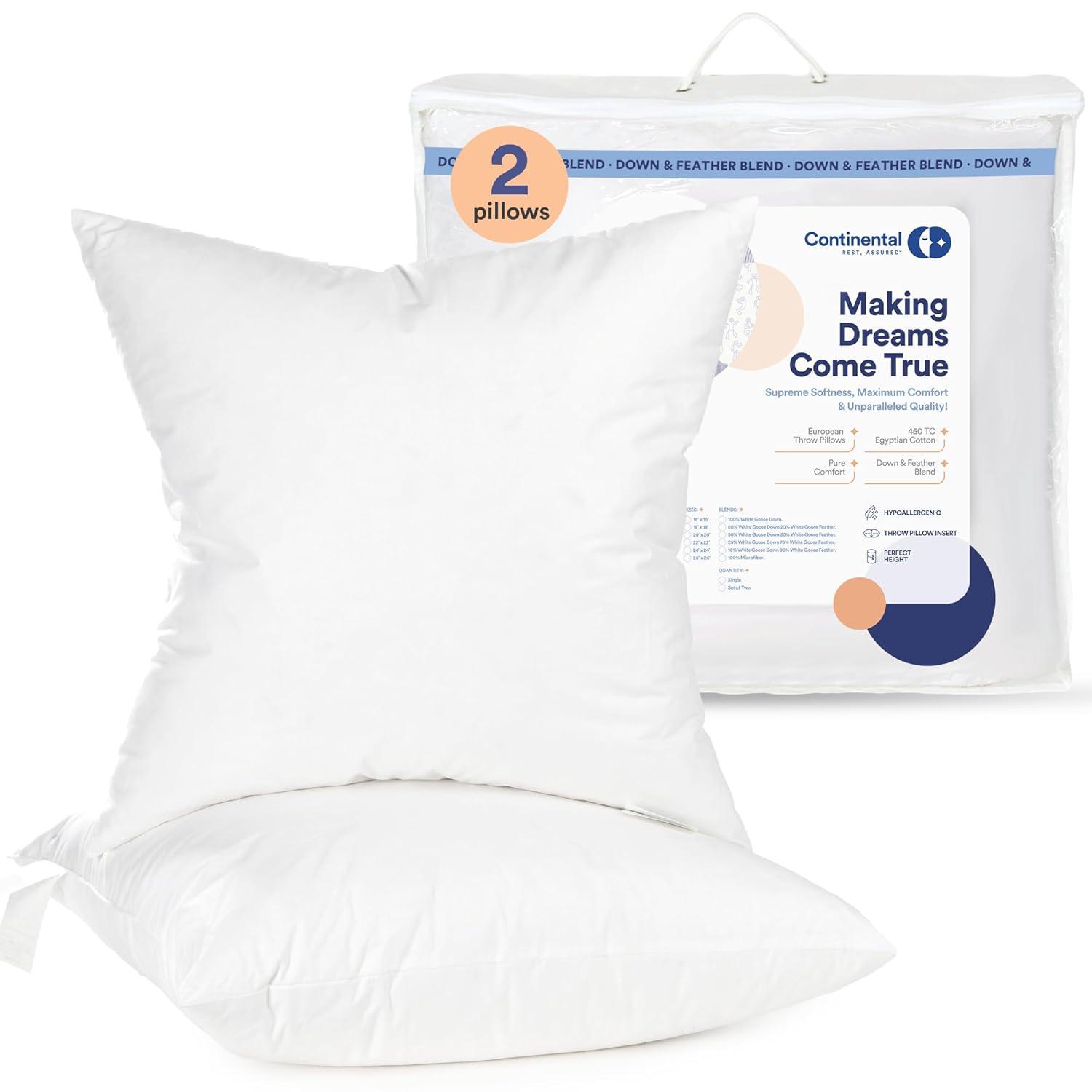 Square White Throw Pillow Insert 2 Pack - 100% Cotton Cover, Microfiber Down Alternative Fill, Multiple Sizes (Set of 2)