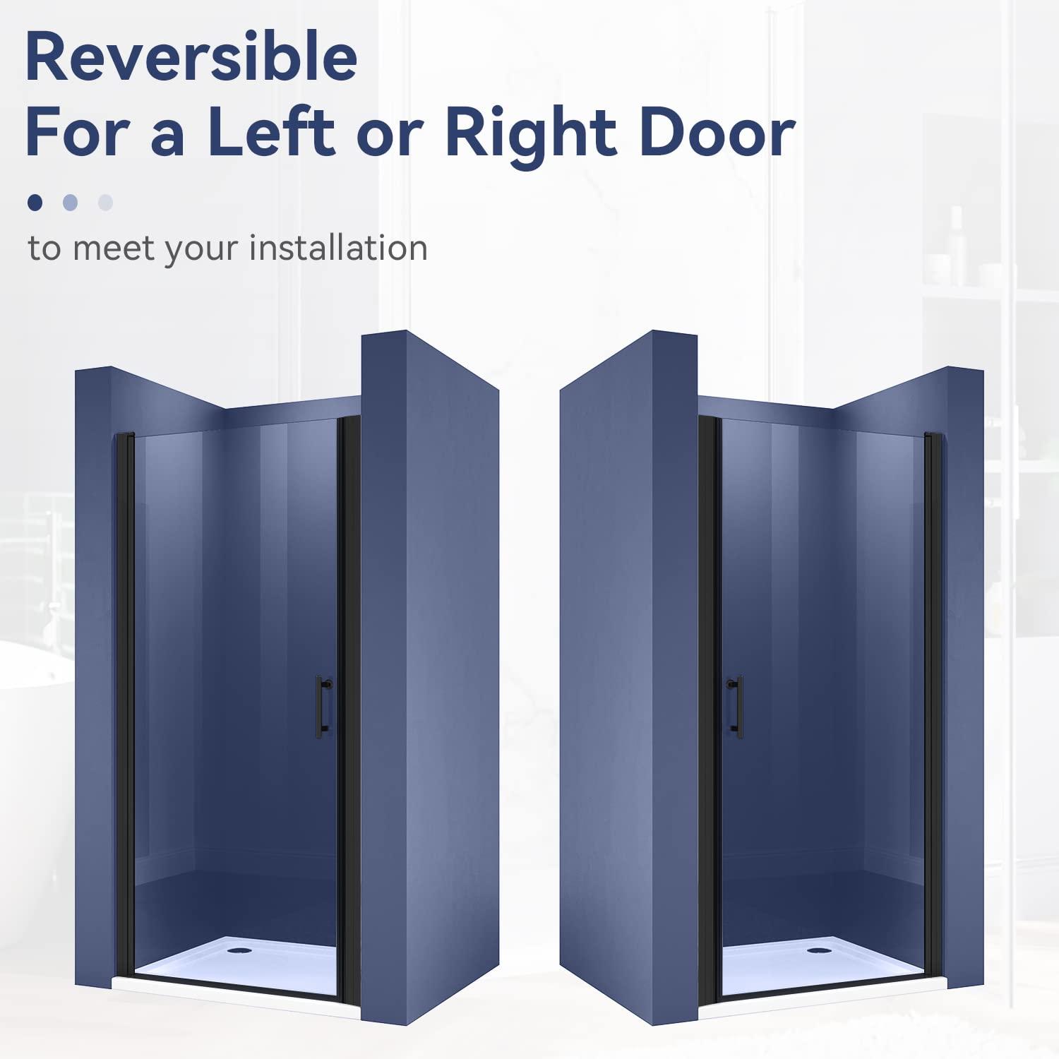 ELEGANT Semi-Frameless Shower Door 34 in.W x 72 in.H, Pivot Swing Shower Door with 1/4 in. Clear Tempered Glass, Single Glass Panel, Black Finish