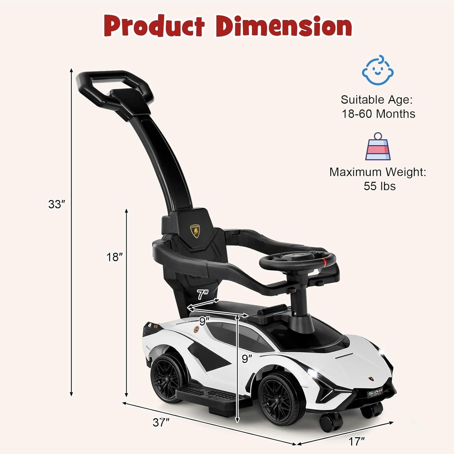 OLAKIDS 3 In 1 Ride on Push Car, Licensed Lamborghini Stroller Sliding Walking Car with Push Handle, Music, USB, Headlight, Under Seat Storage, Kids Foot-to-Floor Toy for 18-60 Months