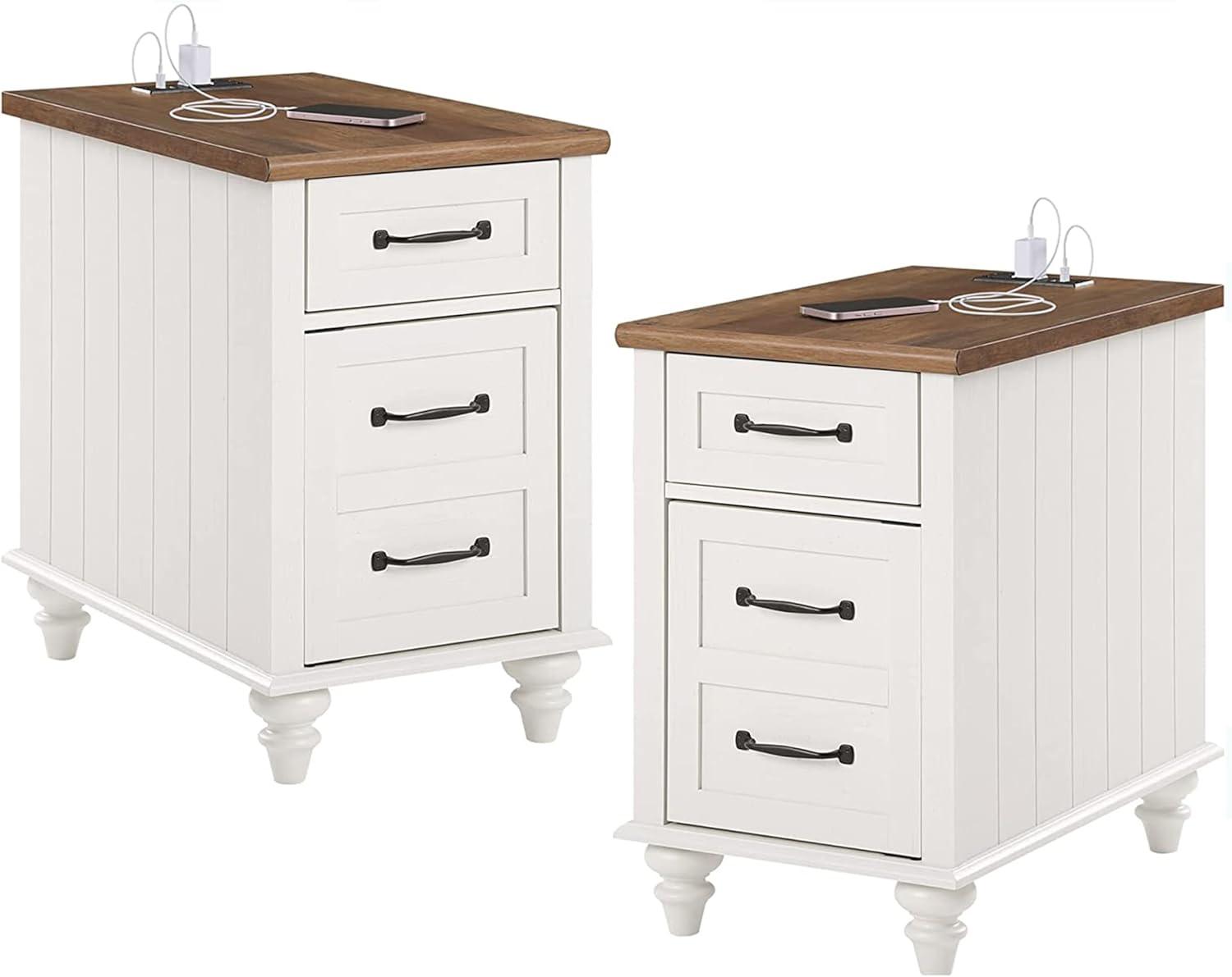 WAMPAT 2 Pack End Tables with Charging Station, Farmhouse Side Table with Drawer & Storage Cabinet, White Nightstand with Power Outlets & USB Ports for Living Room, Bedroom