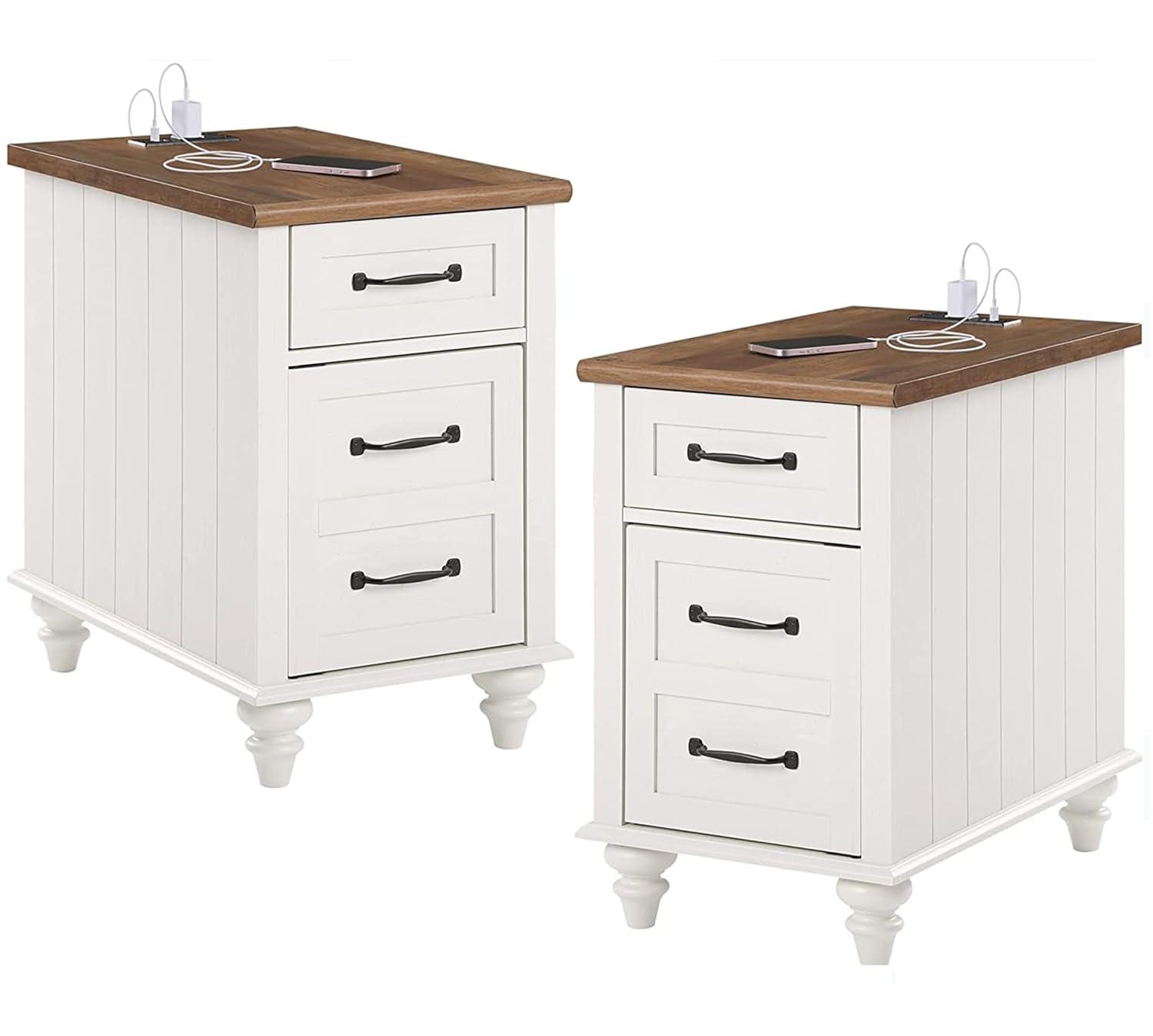 WAMPAT 2 Pack End Tables with Charging Station, Farmhouse Side Table with Drawer & Storage Cabinet, White Nightstand with Power Outlets & USB Ports for Living Room, Bedroom