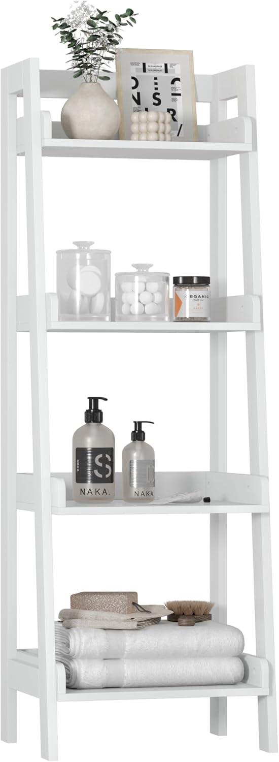 4-Tier Ladder Shelf, Bathroom Shelf Freestanding, 4-Shelf Spacesaver Open Wood Shelving Unit, Ladder Shelf (White)