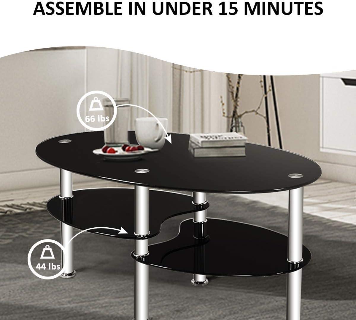 Costway Tempered Glass Oval Side Coffee Table Shelf Chrome Base Living Room Black