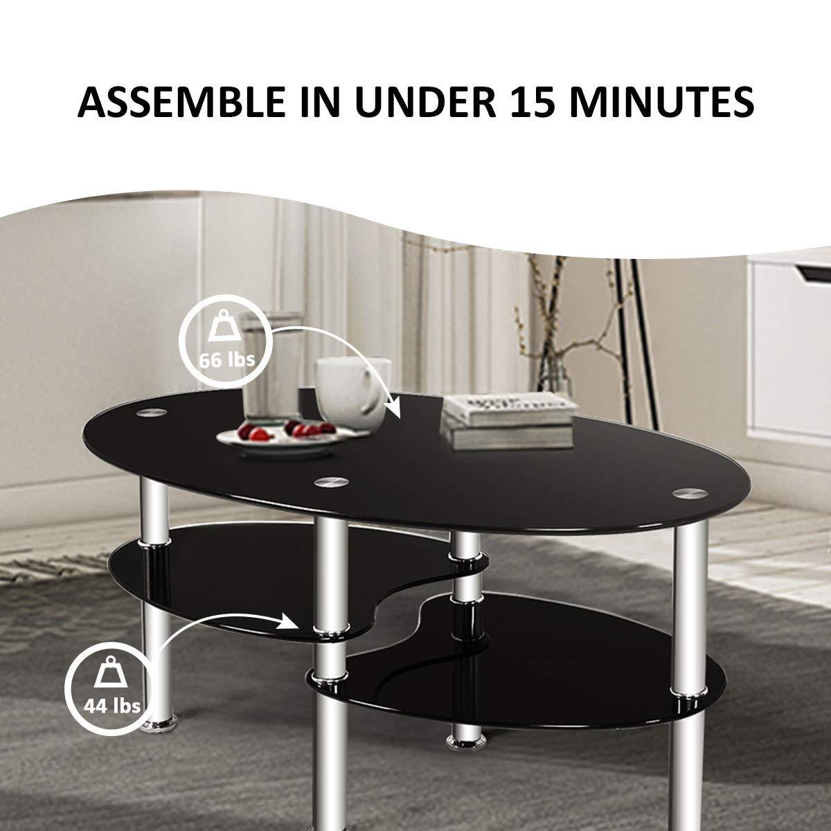 Costway Tempered Glass Oval Side Coffee Table Shelf Chrome Base Living Room Black