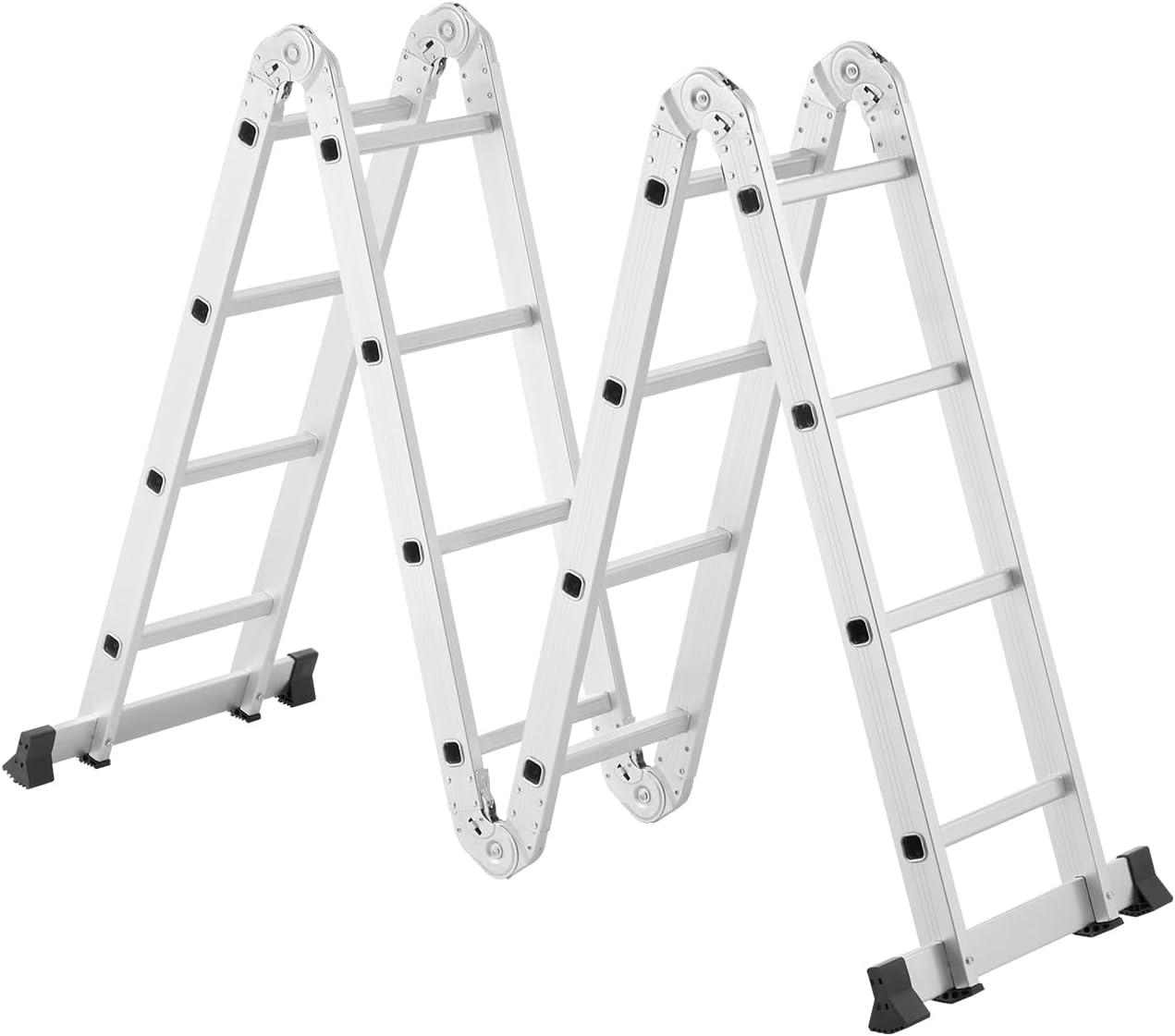 VEVOR Multi-Purpose Folding Ladder, 7-in-1 Tall Extension Step Ladder, A Frame 4 Step Telescoping Ladder, 15.5ft Reach Height Heavy Duty Adjustable Ladder, 330 lbs Capacity for Home Outdoor