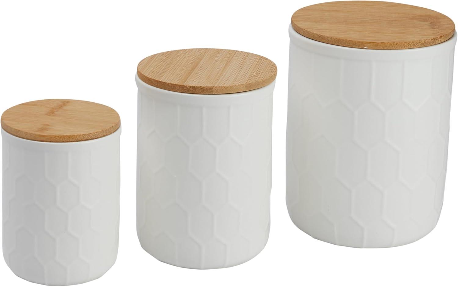 White Honeycomb Ceramic Canister Set with Bamboo Lids