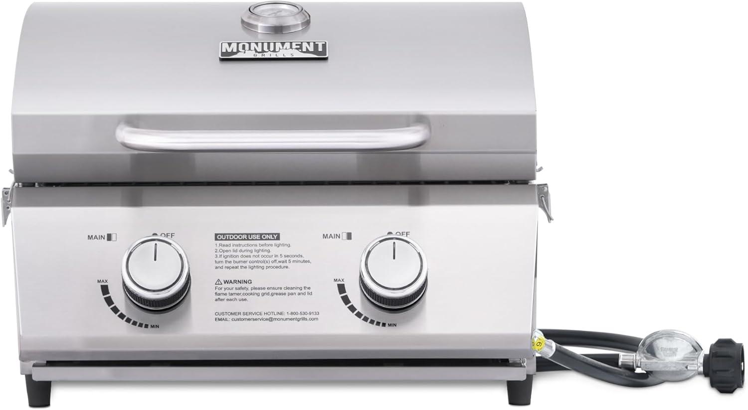 Monument Grills 13742,2-Burner Portable Stainless Steel Tabletop Propane Gas Grill with High Lid and Travel Locks, 15,000 BTU – Perfect for Family BBQs