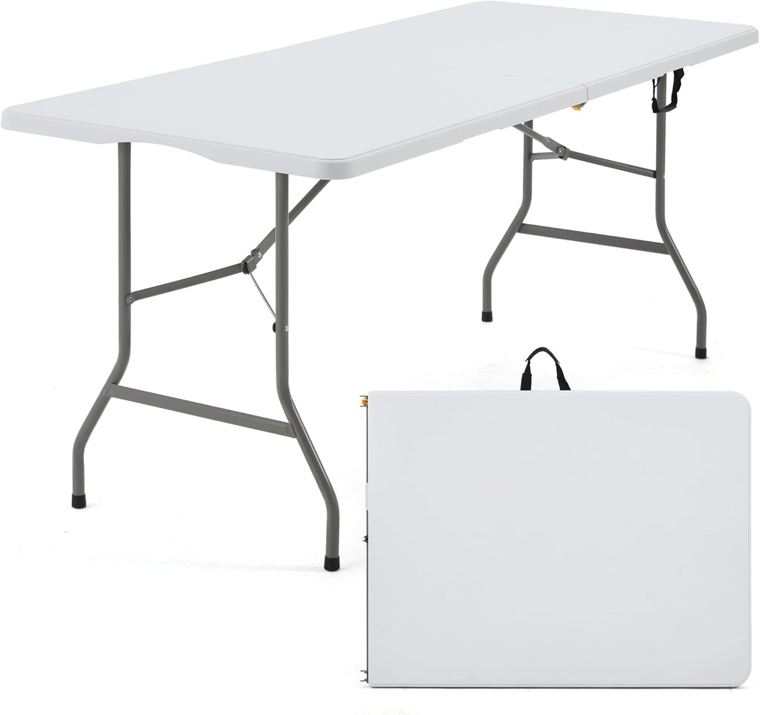 CL.HPAHKL 6 Foot Folding Table with Handle, Folding Plastic Tables Indoor Outdoor Portable Table with Collapsible Steel Legs Fold-in-Half Banquet Tables for Parties Wedding BBQ Camping, White