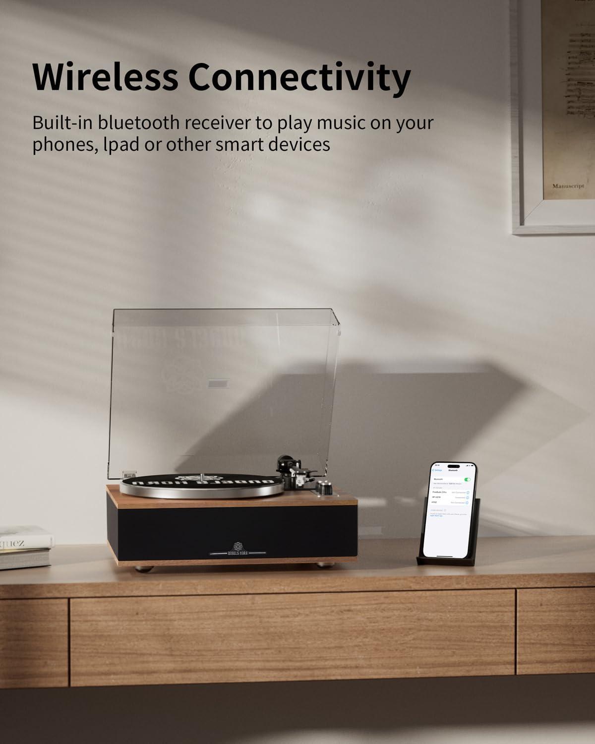 Angels Horn H019 Bluetooth Turntable, High-Fidelity Vinyl Record Player with Built-in Speakers