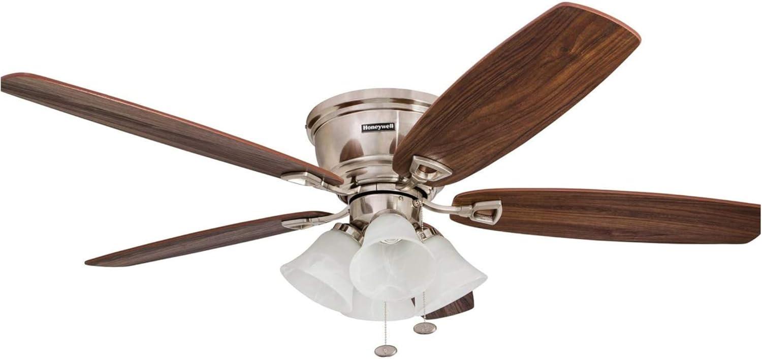 52" Honeywell Glen Alden Brushed Nickel Hugger Ceiling Fan with 4 Light