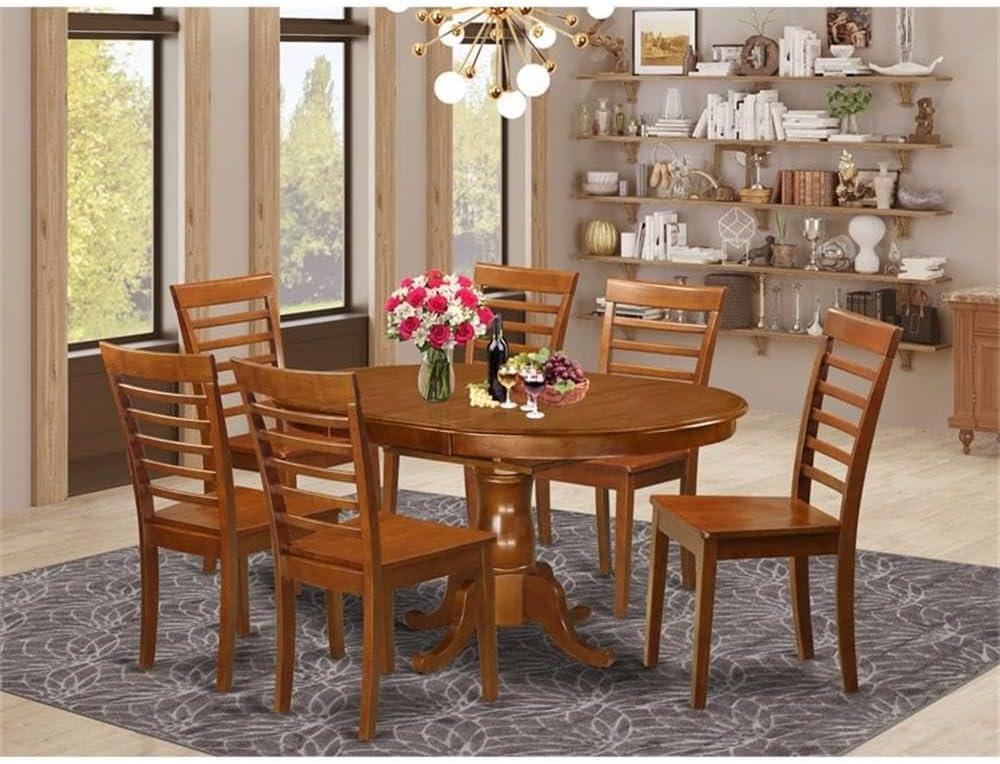 East West Furniture  7 Piece Kitchen Table & Chairs Set- an Oval Dining Table and 6 Solid Chairs, Saddle Brown(Seat Type Options) POML7-SBR-W