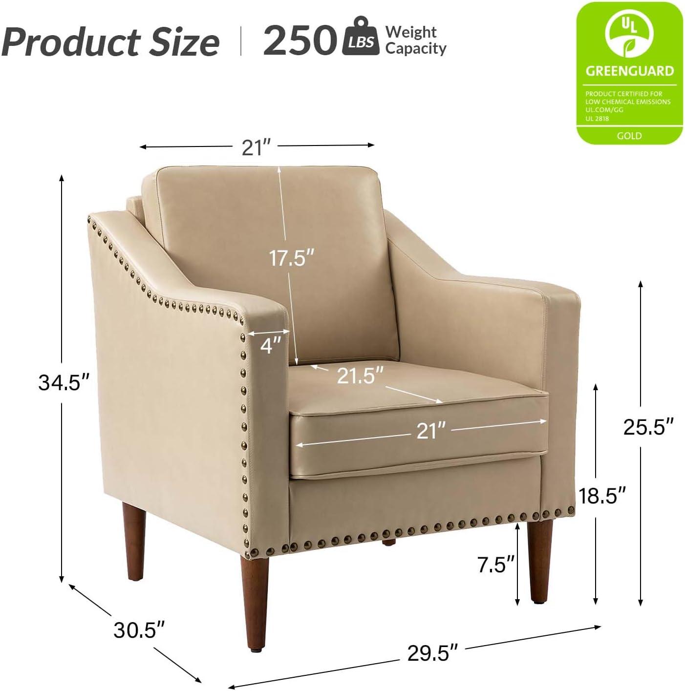 HULALA HOME Faux Leather Accent Armchairs Set of 2 with Back & Seat Cushions, Traditional Club Chairs with Nailhead Trim, Comfy Upholstered Sofa Chairs for Living Room Bedroom, Beige