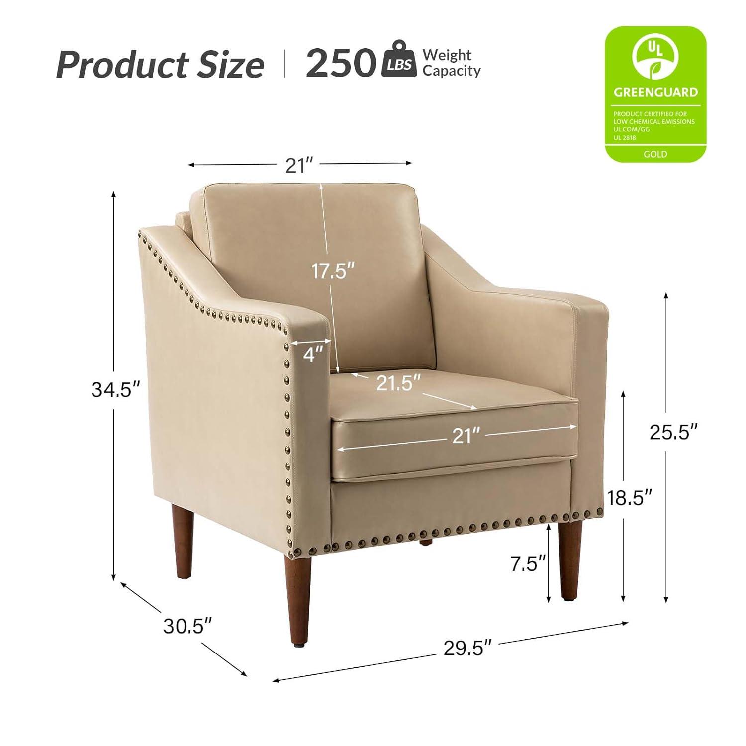 HULALA HOME Faux Leather Accent Armchairs Set of 2 with Back & Seat Cushions, Traditional Club Chairs with Nailhead Trim, Comfy Upholstered Sofa Chairs for Living Room Bedroom, Beige