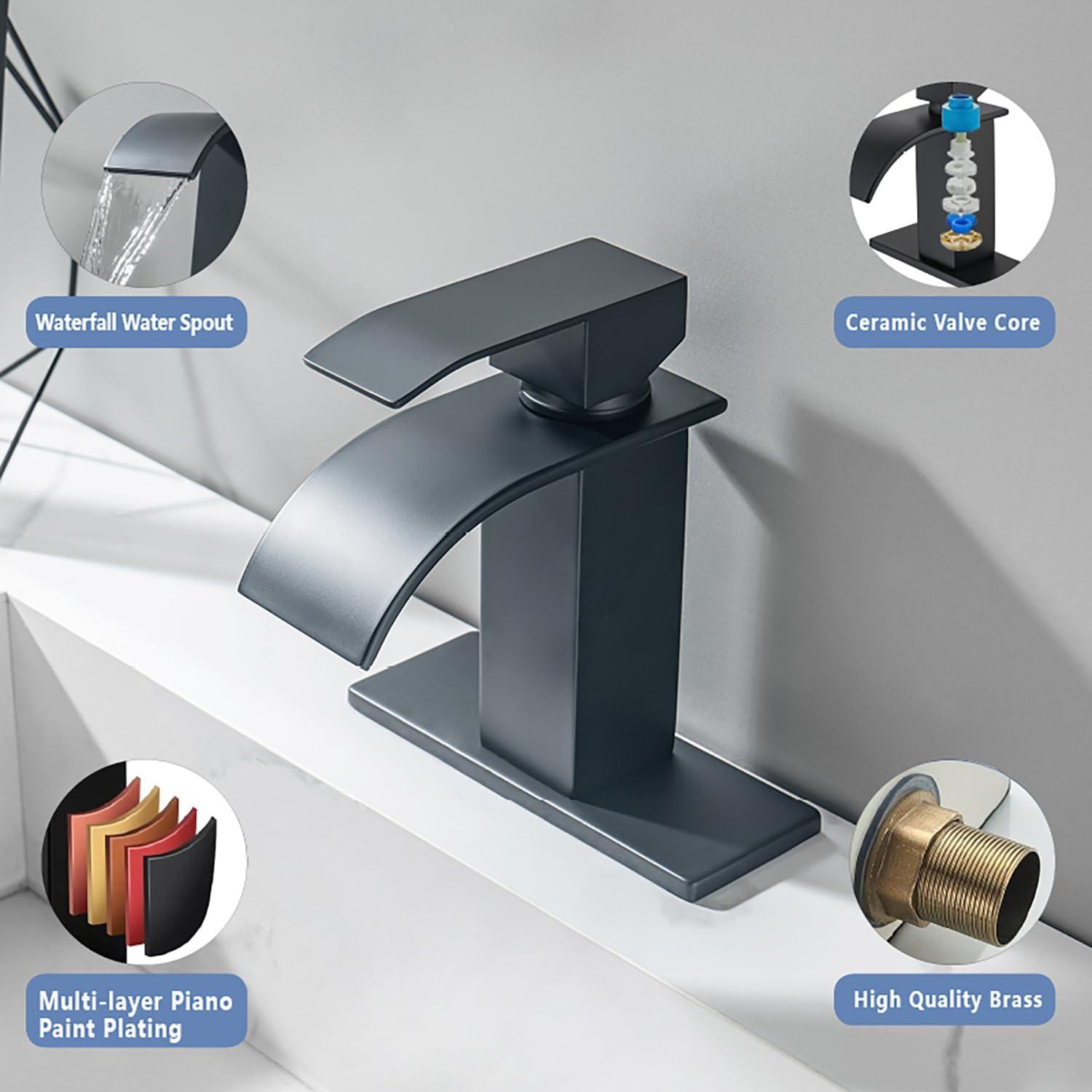 Matte Black Single Handle Waterfall Bathroom Faucet with Pop-up Drain