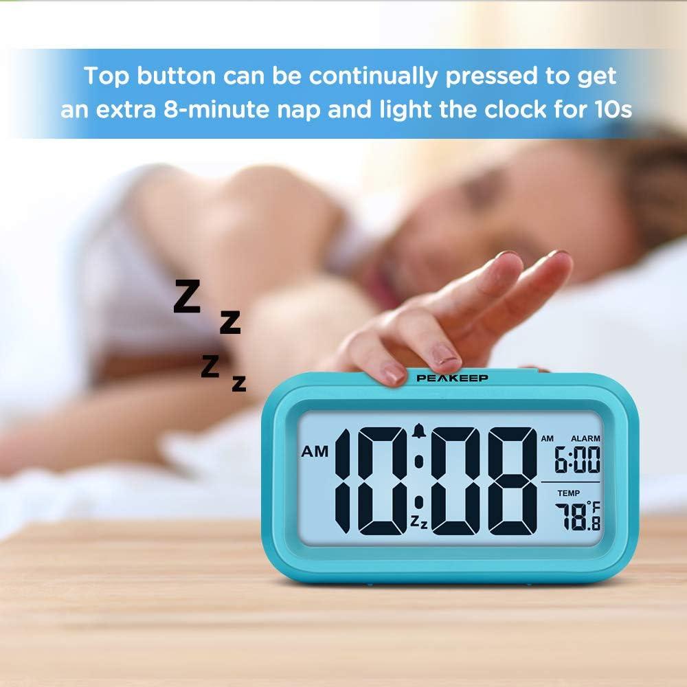 PEAKEEP Smart Night Light Digital Alarm Clock with Indoor Temperature, Battery Operated Desk Small Clock (Blue)