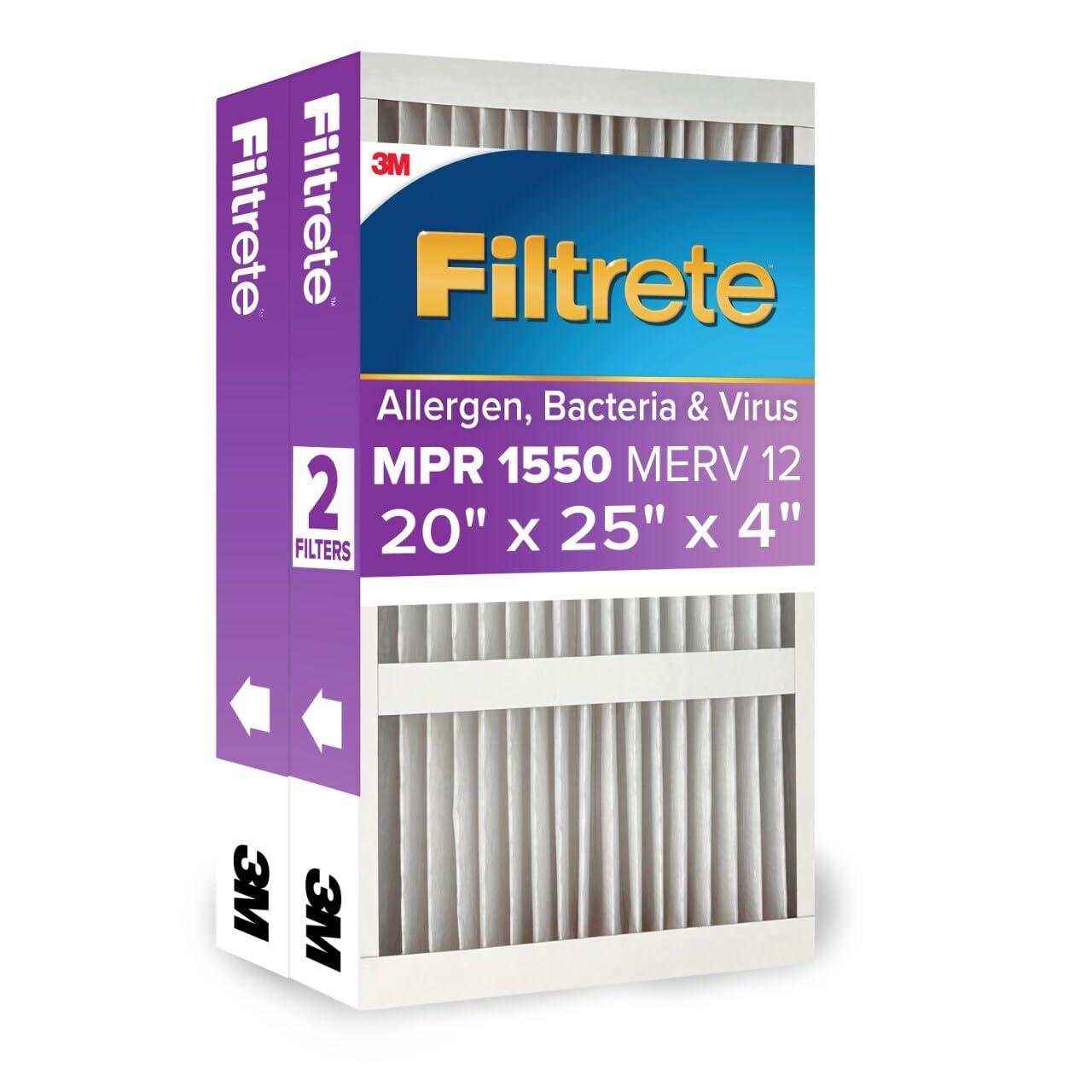 Filtrete MPR 1550 DP AC Furnace Air Filter Allergen, Bacteria & Virus, 20x25x4SlimFit, 2 Count