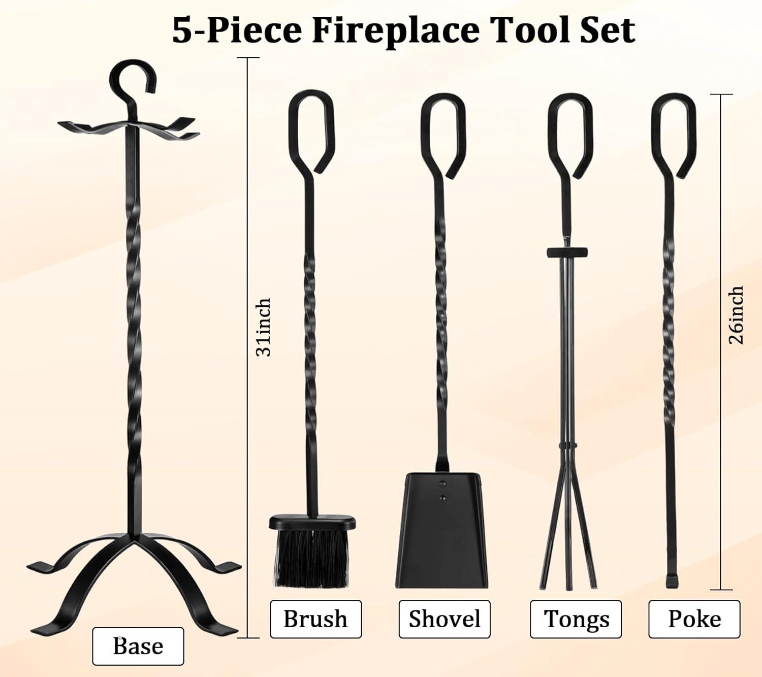 Amagabeli 5 Pieces Fireplace Tools Set Indoor Wrought Iron Fire Set Fire Place Pit Large Poker Wood Stove Log Firewood Tongs Holder Tools Kit Sets with Handles Modern Black Outdoor Accessories Kit