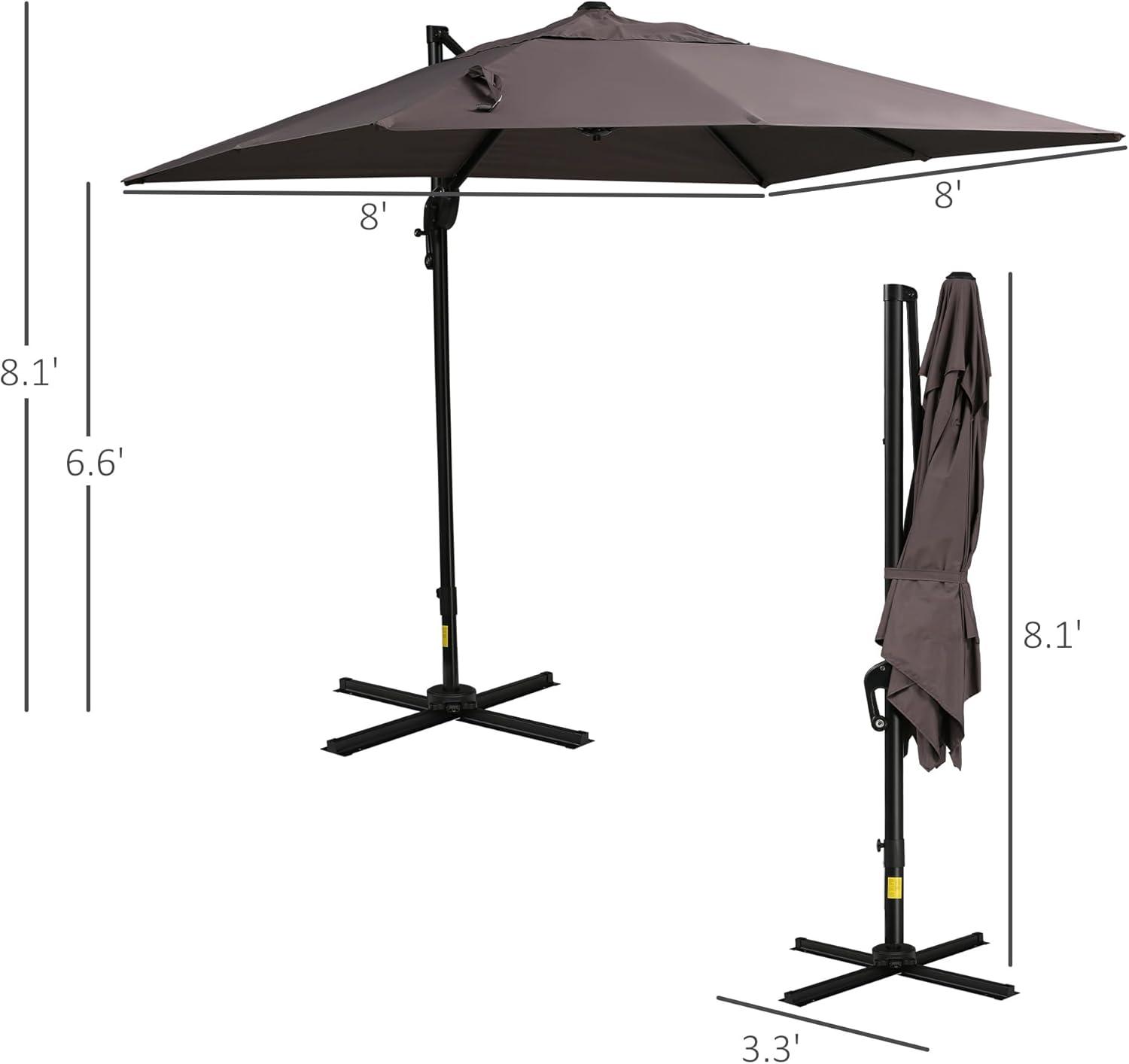 8FT Dark Brown Aluminum Cantilever Patio Umbrella with Cross Base