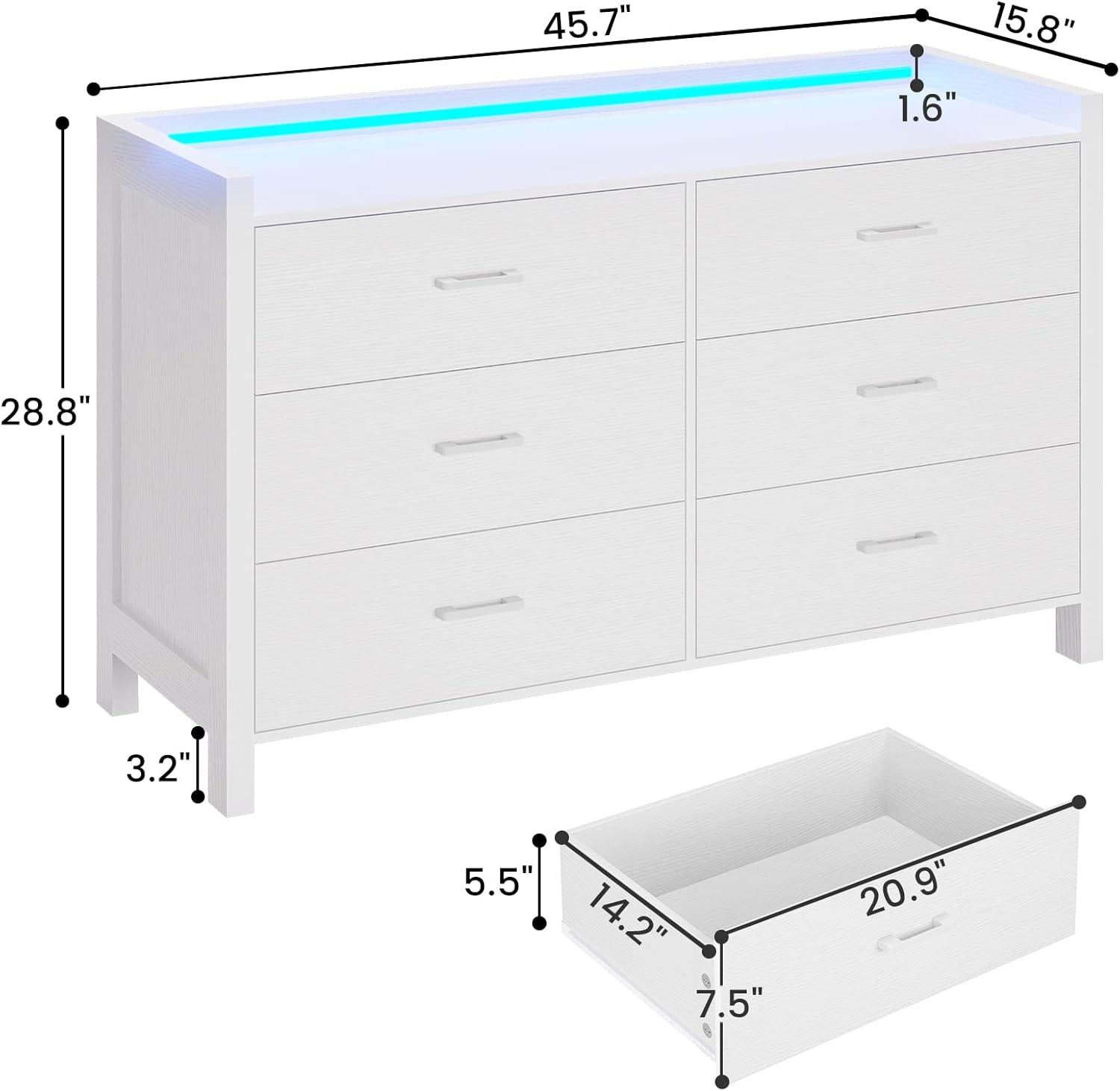 White Dresser with 6 Drawers for Bedroom, Modern Chest of Drawers Storage Dresser with LED Lights for Living Room