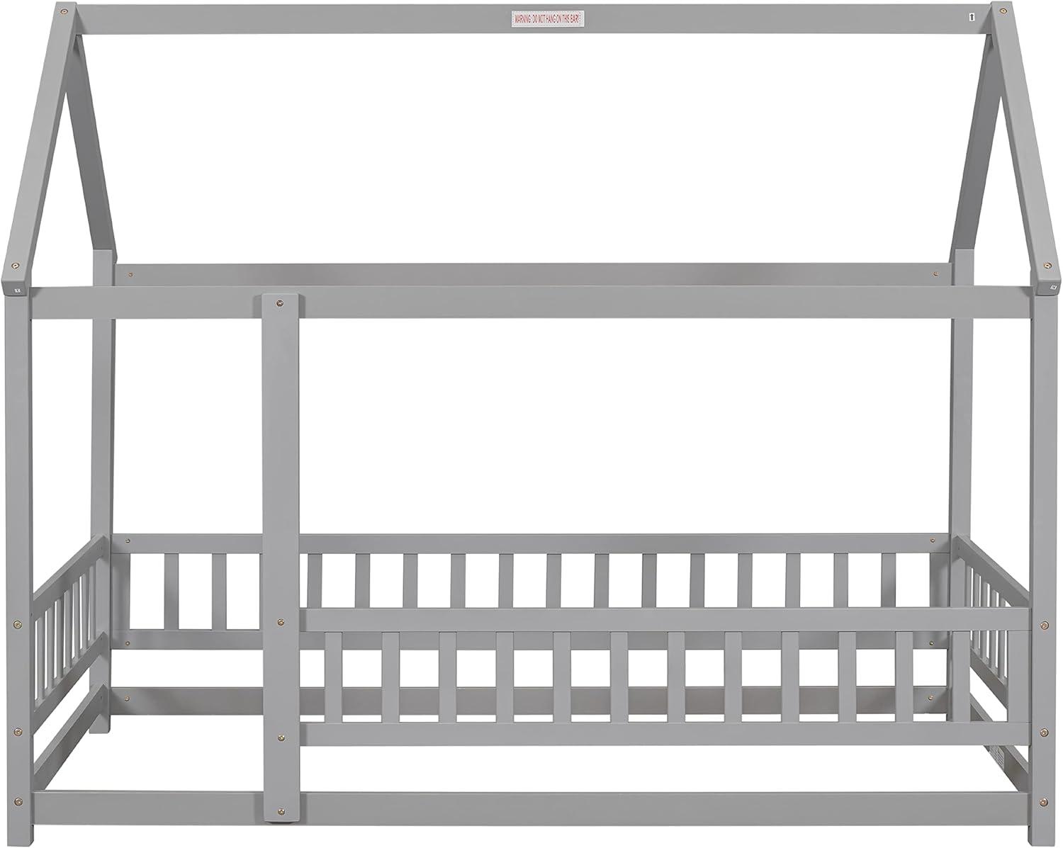 Twin Floor Bed for Kids, Wooden House Bed Frame with Roof, Fence Guardrails, Montessori Bed for Toddlers Girls Boys, Gray