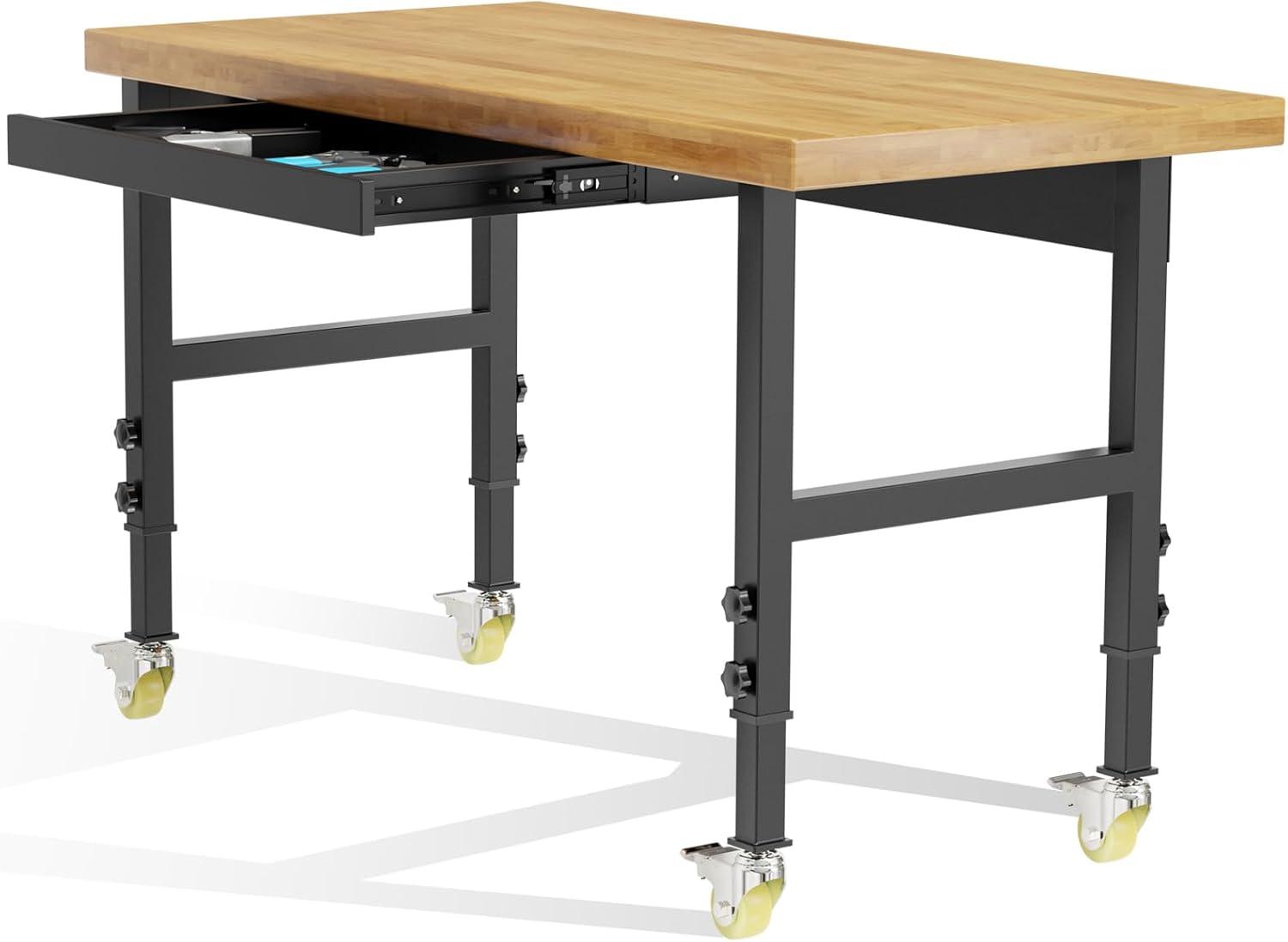 48” Heavy-Duty Solid Wood Work Bench Work Table with Wheels, Adjustable Height Portable Workbench with Power Outlets, 3000 Lbs Capacity Workstation for Garage, Workshop, Office, Shop, Outdoor