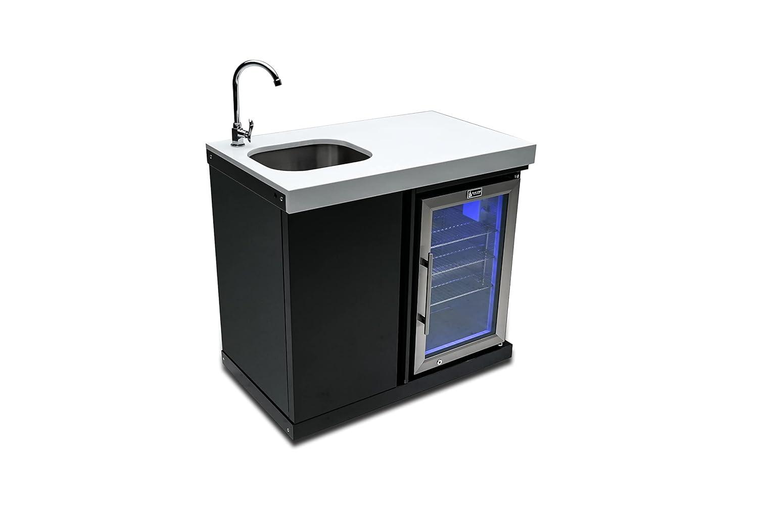 Mont Alpi MASF-SS Stainless Steel Beverage Center Cabinet Module + 2.7 Cubic Feet Wine Cooler Outdoor Rated Temperature Adjustable Compact Lockable Refrigerator + Faucet & Sink