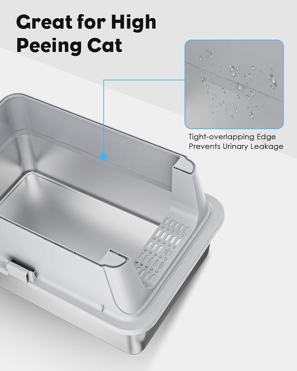 Enclosed Stainless Steel Cat Litter Box with Lid Extra Large Litter Box for Big Cats XL Metal Litter Pan Tray with High Wall Sides Enclosure, Non-Sticky, Anti-Leakage, Easy Cleaning