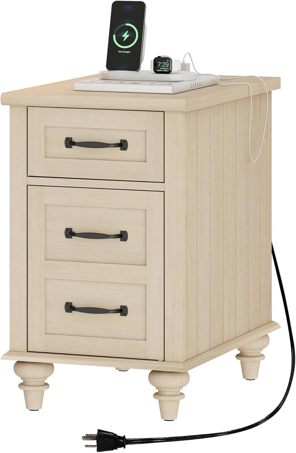 WAMPAT Beige End Table with Charging Station, Narrow Side Table with 1 Drawer &1 Storage Cabinet, Mid Century Modern Nightstand with Power Outlets & USB Ports for Living Room, Bedroom
