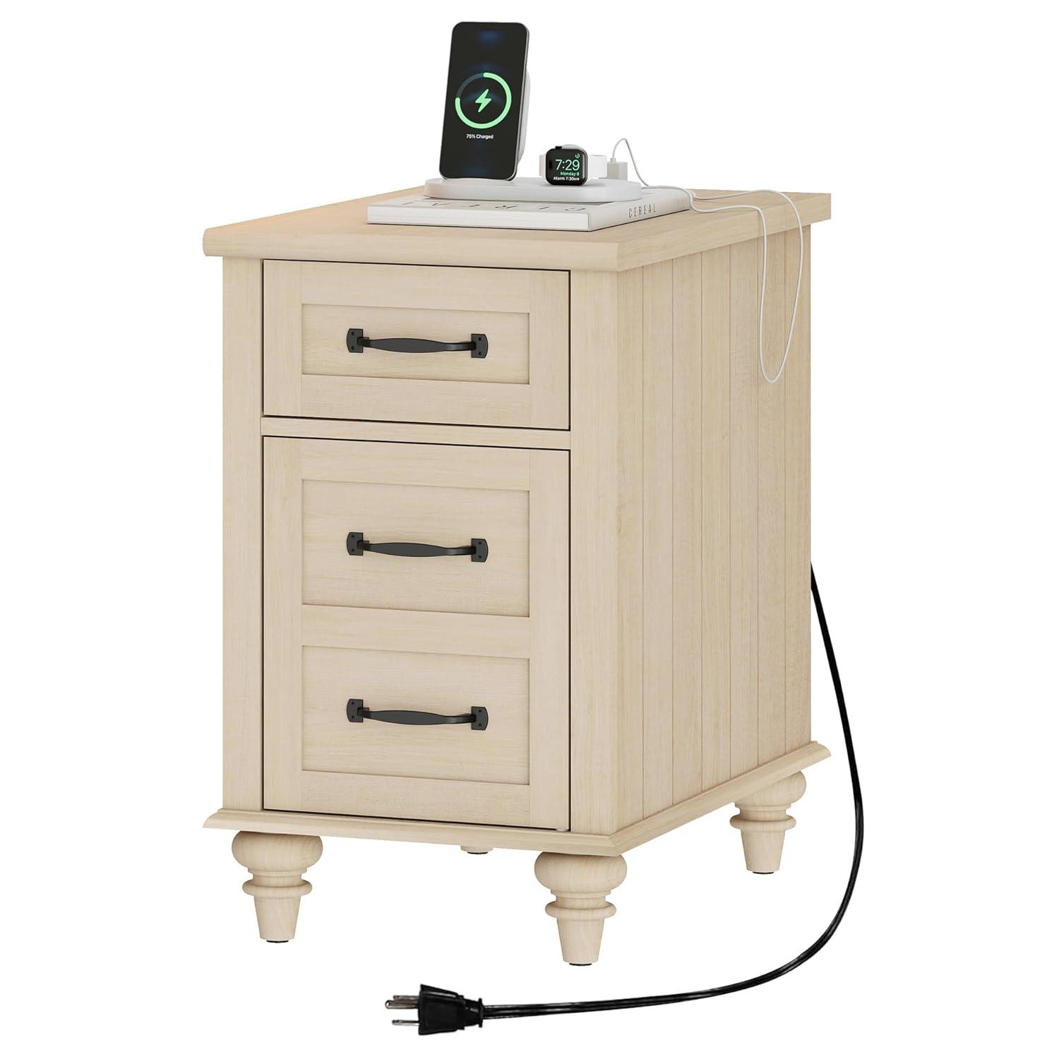 WAMPAT Beige End Table with Charging Station, Narrow Side Table with 1 Drawer &1 Storage Cabinet, Mid Century Modern Nightstand with Power Outlets & USB Ports for Living Room, Bedroom