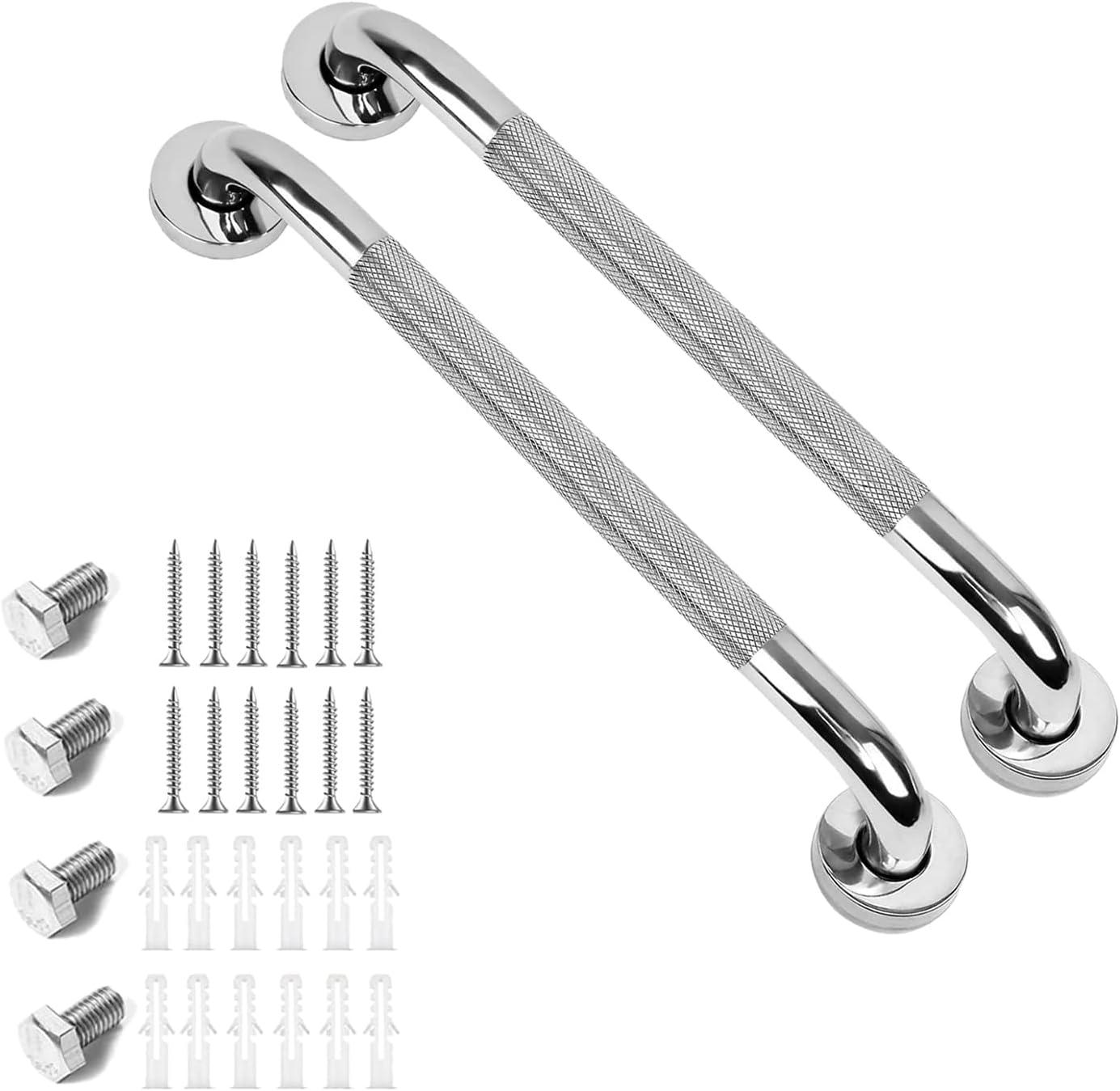 OUSITAID 2 Pack 12 Inch Anti Slip Shower Grab Bar Handle   Chrome Stainless Steel Bathroom Grab Bar  Knurled Bathroom Balance Bar Safety Hand Rail Support Handicap Elderly Injury Senior A