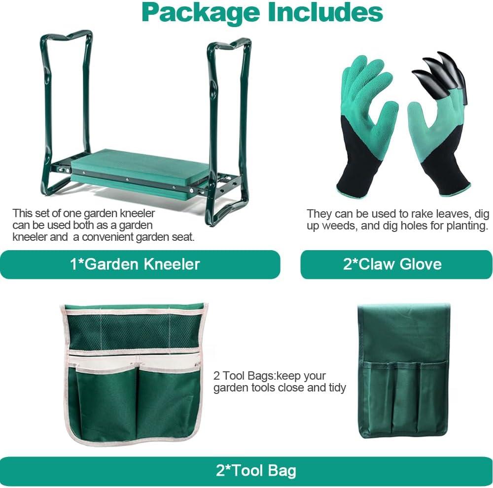 Garden Kneeler and Seat,with 2 Tool Bags Pouches and Claw Gloves,Portable Lightweight Bench Thicken EVA Foam Pad Sturdy Steel Pipe Practical Garden Tools(Green)