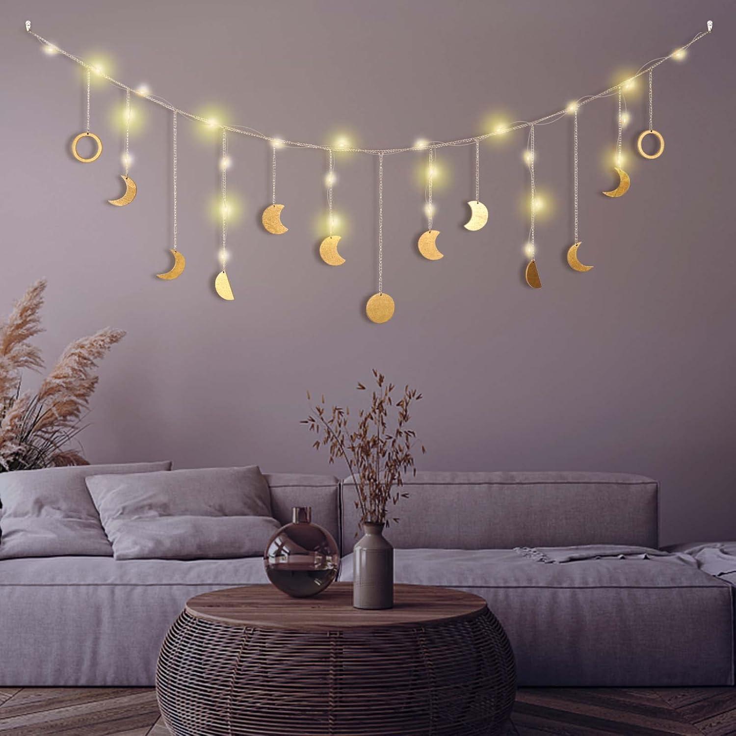 Moon Phase Wall Decor with LED String Light, 13 Gold Wood Boho Wall Hanging Decor Mood Garland 56'' - Celestial Phases Moon Decor in Bohemian Style for Bedroom Home Living Room Independence Day Gifts